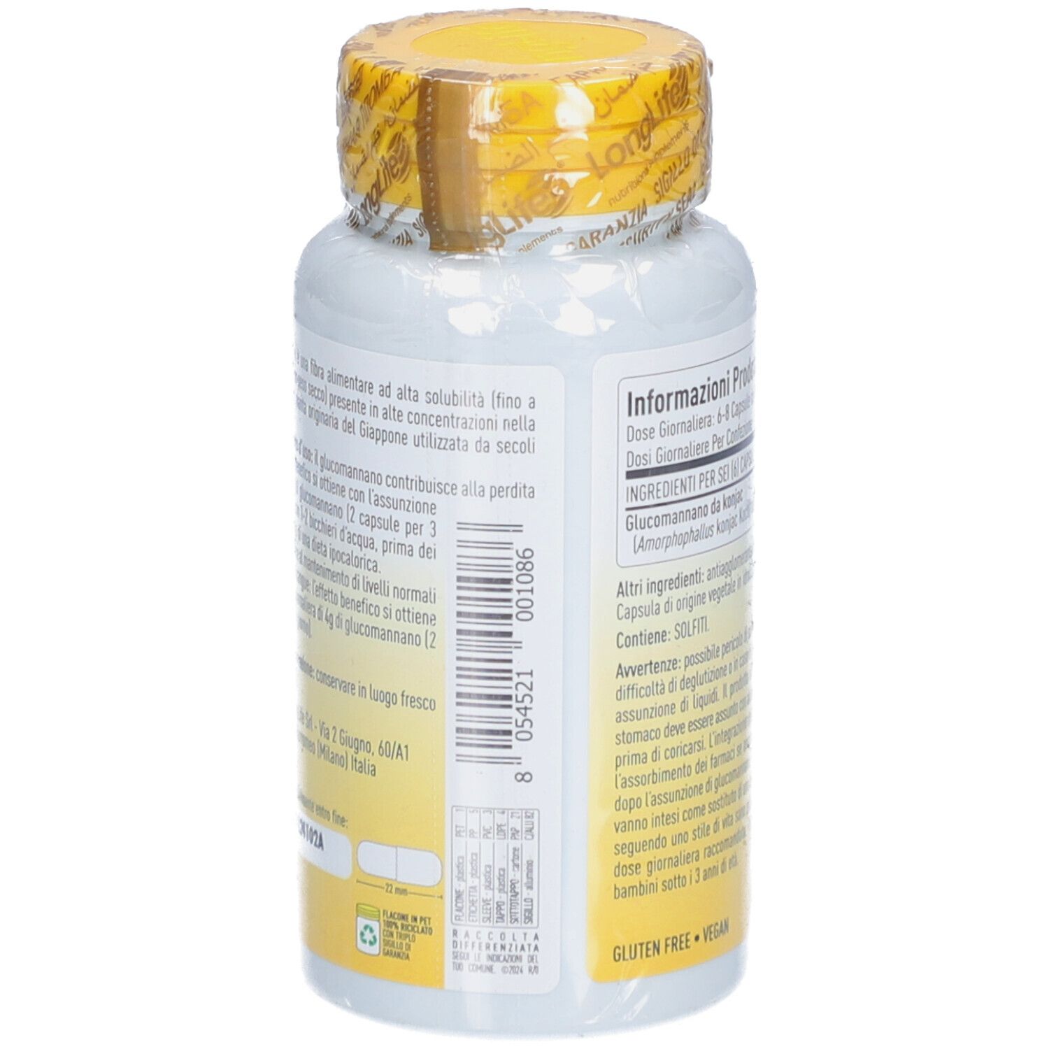 Retro del flacone. Informazioni testuali, ingredienti, avvertenze. 100 capsule. Senza glutine, vegano.