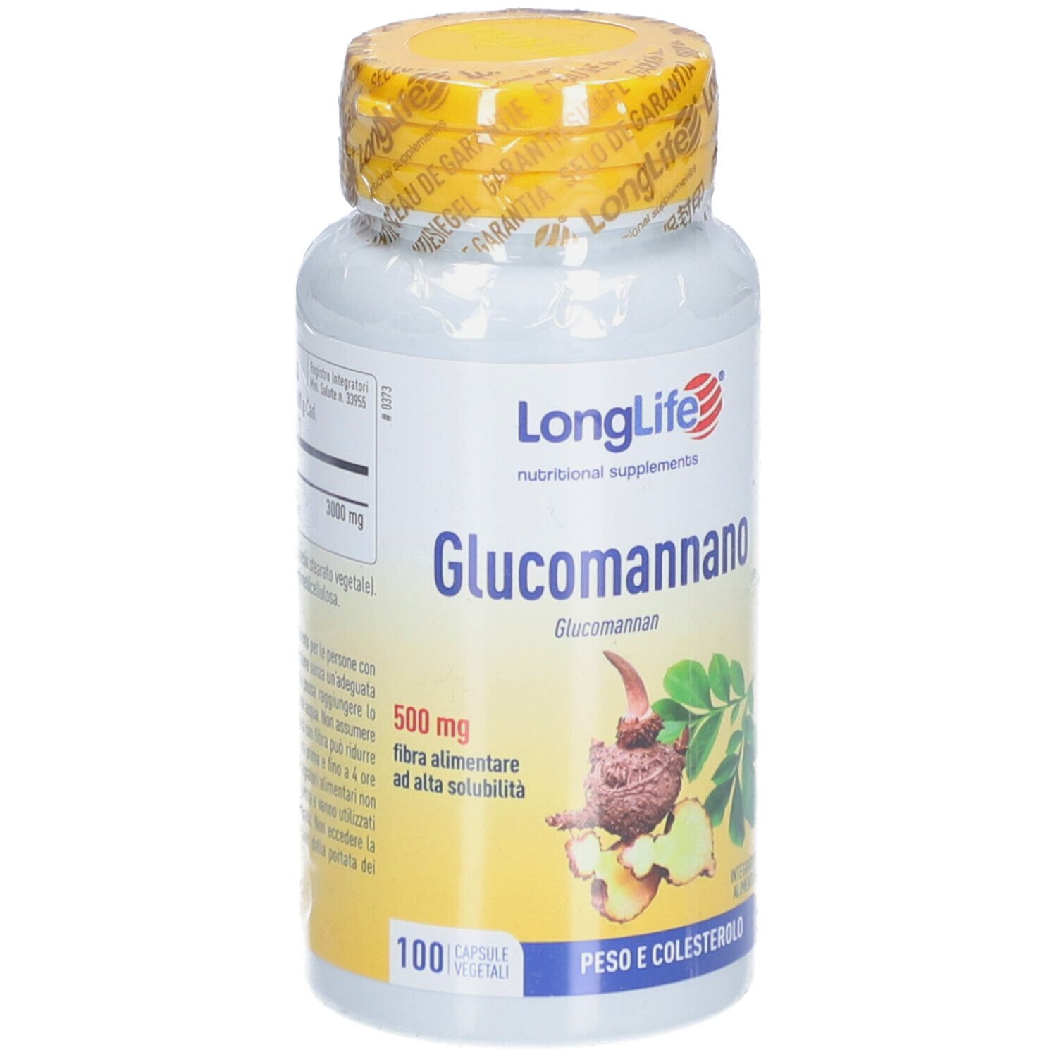 Flacone bianco con tappo giallo e sigillo. Scritta: LongLife, Glucomannano, 500mg. 100 capsule.