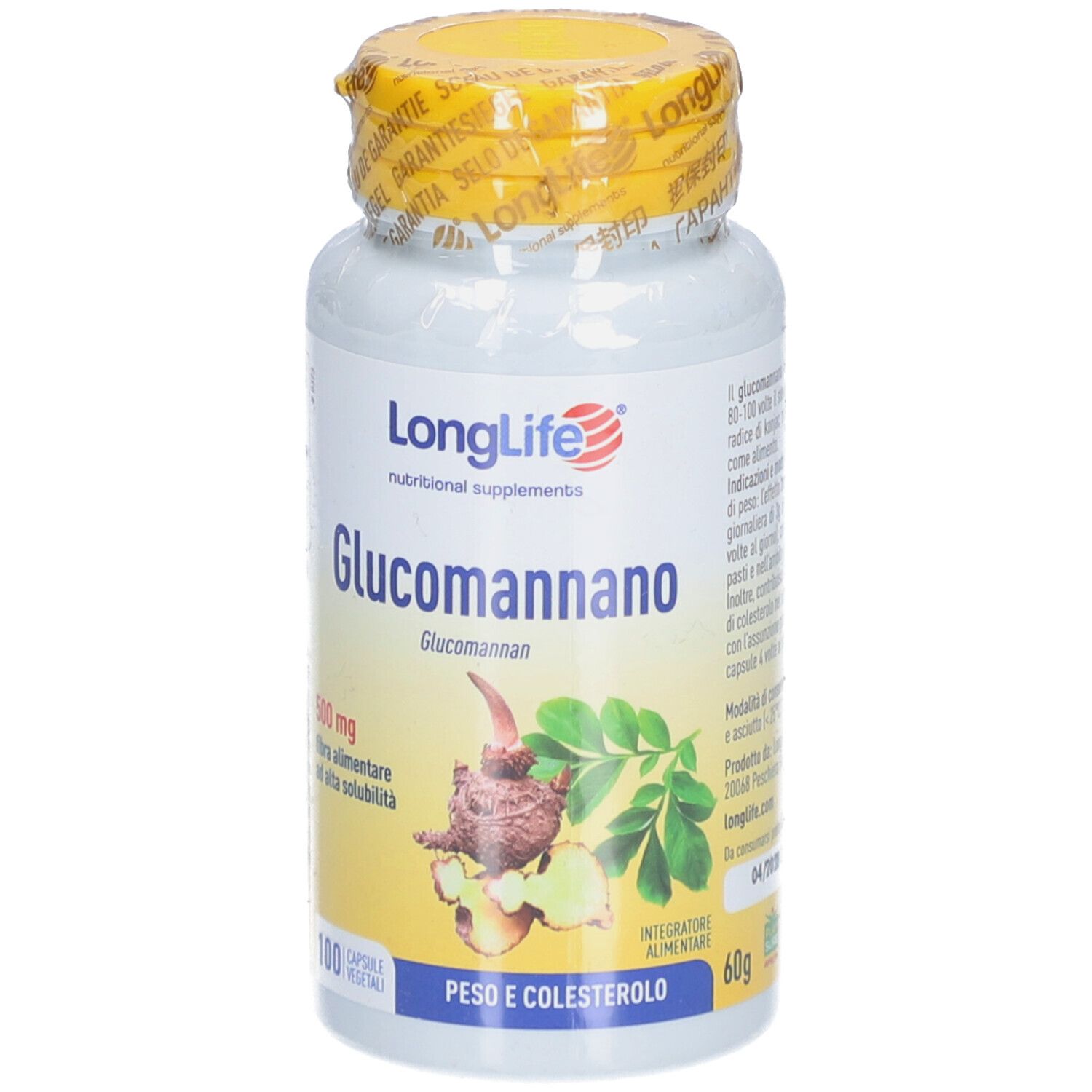 Flacone bianco con tappo giallo e sigillo. Scritta: LongLife, Glucomannano, 500mg. 100 capsule.
