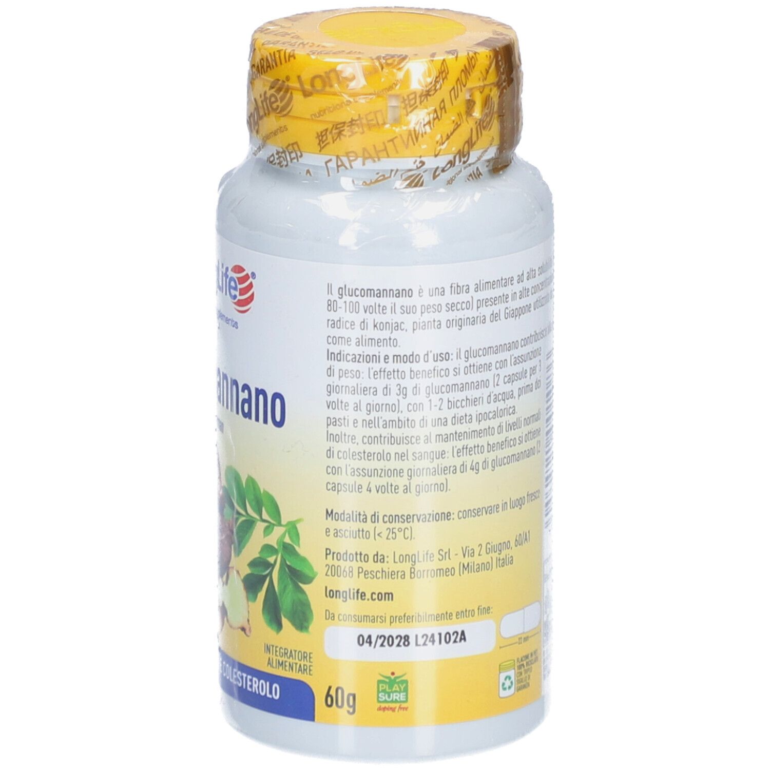 Retro del flacone. Informazioni testuali, ingredienti, avvertenze. 60g. Senza glutine, vegano.