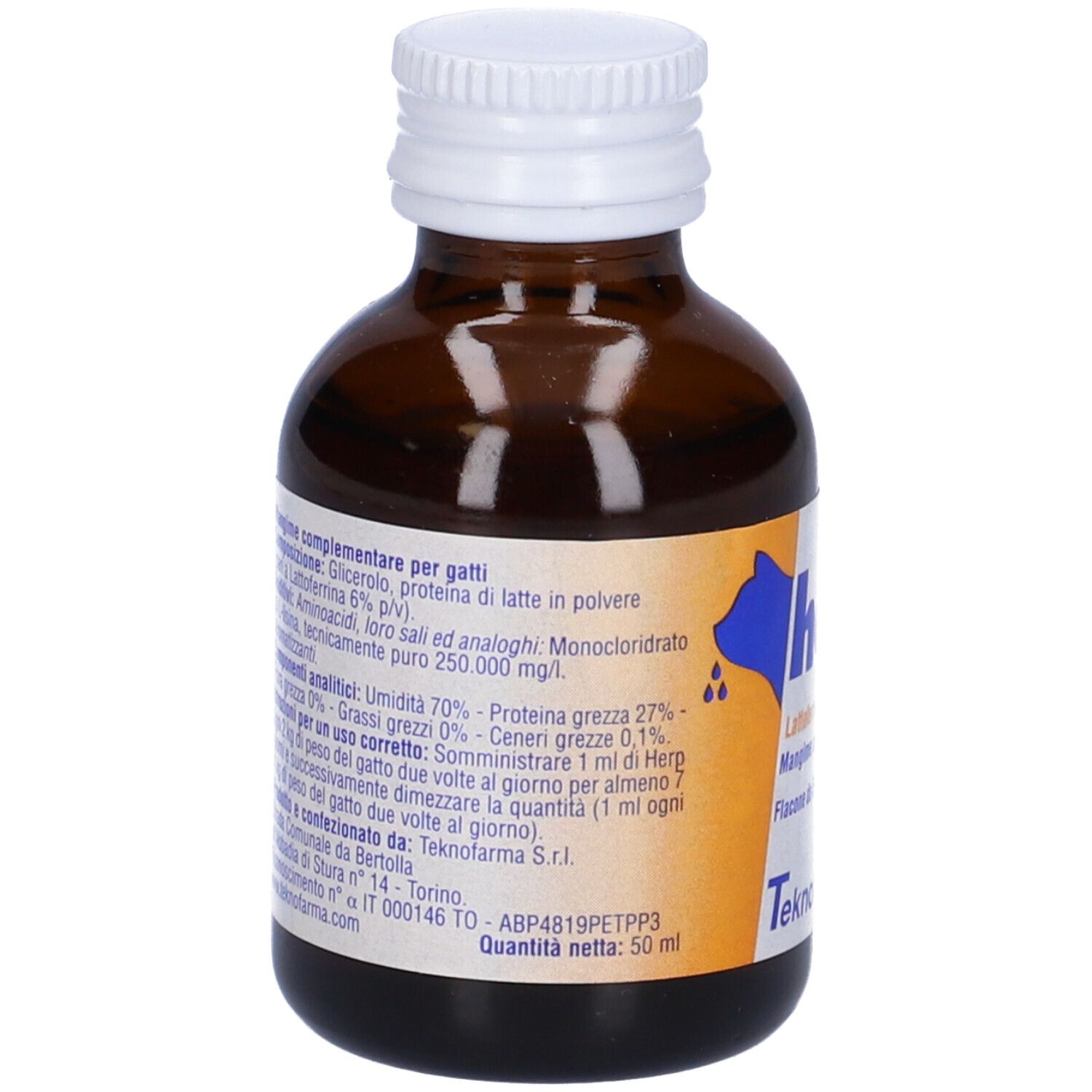 Flacone di vetro marrone con tappo bianco. Etichetta con logo Herp, testo e informazioni. 50 ml.