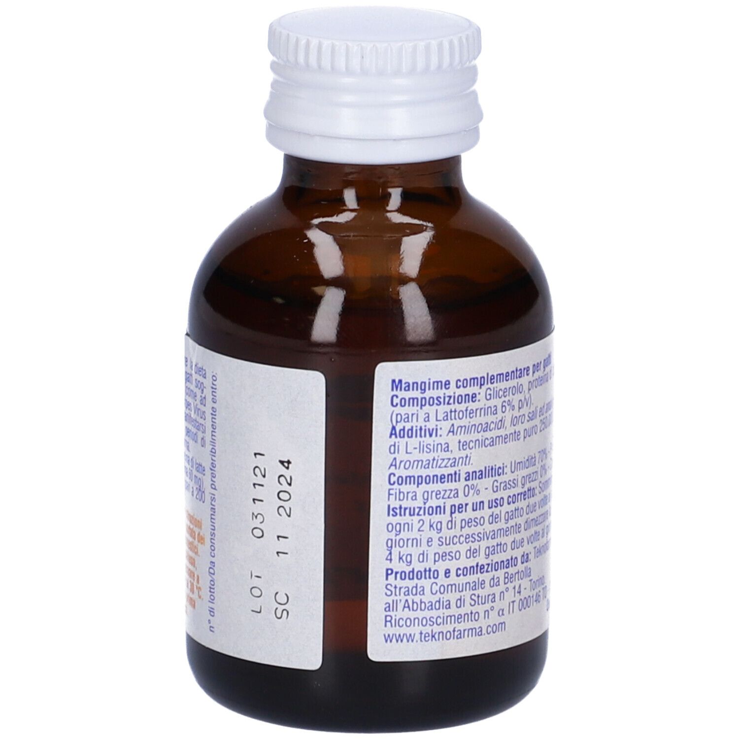 Flacone di vetro marrone con tappo bianco. Etichetta con logo Herp, testo e informazioni. 50 ml.