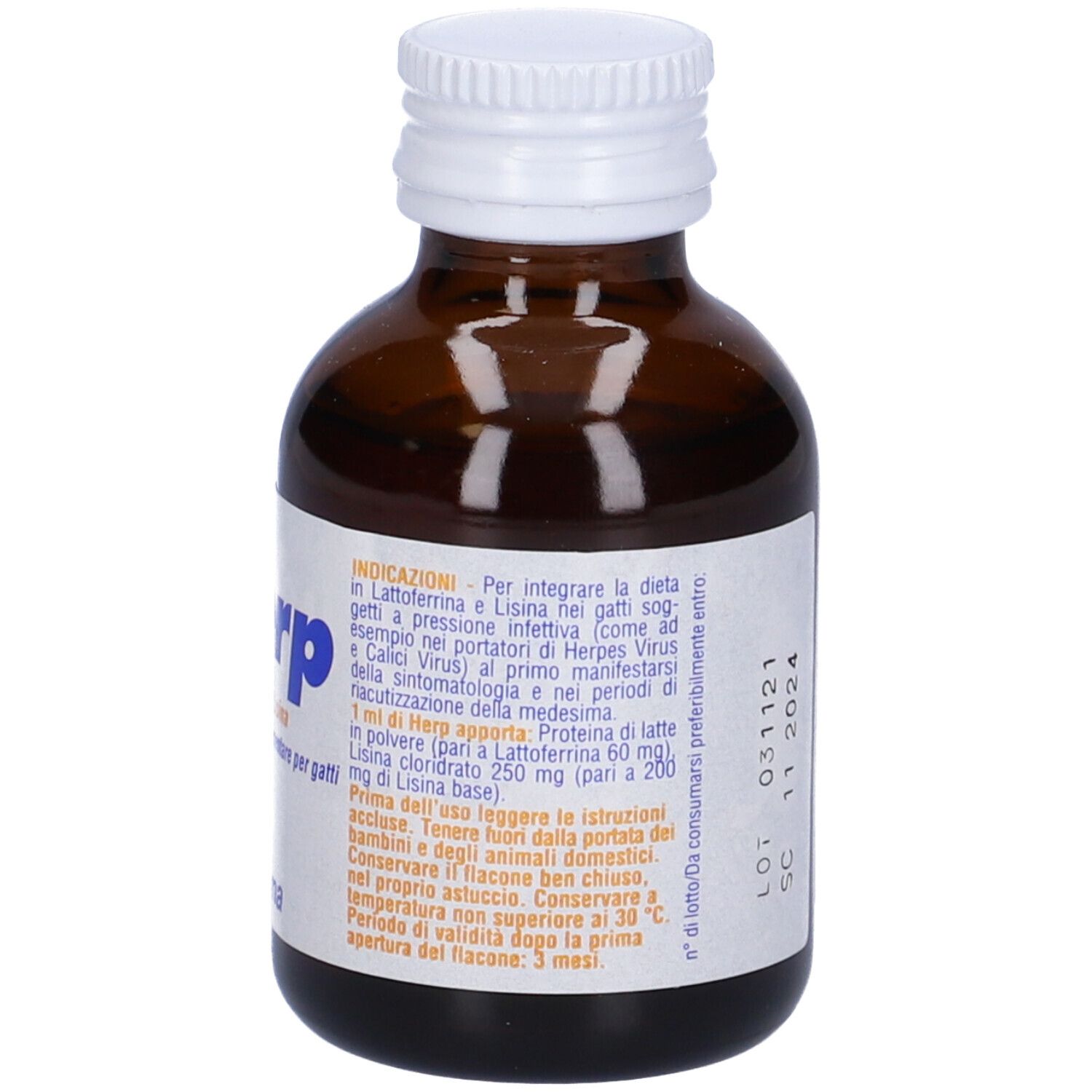 Flacone di vetro marrone con tappo bianco. Etichetta con logo Herp, testo e informazioni. 50 ml.