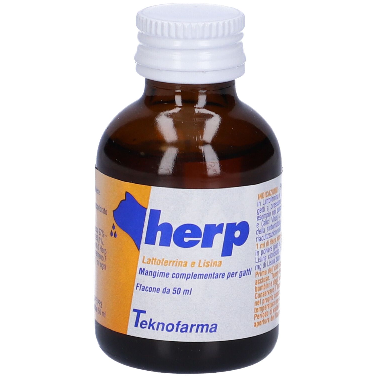 Flacone di vetro marrone con tappo bianco. Etichetta con logo Herp, testo e informazioni. 50 ml.