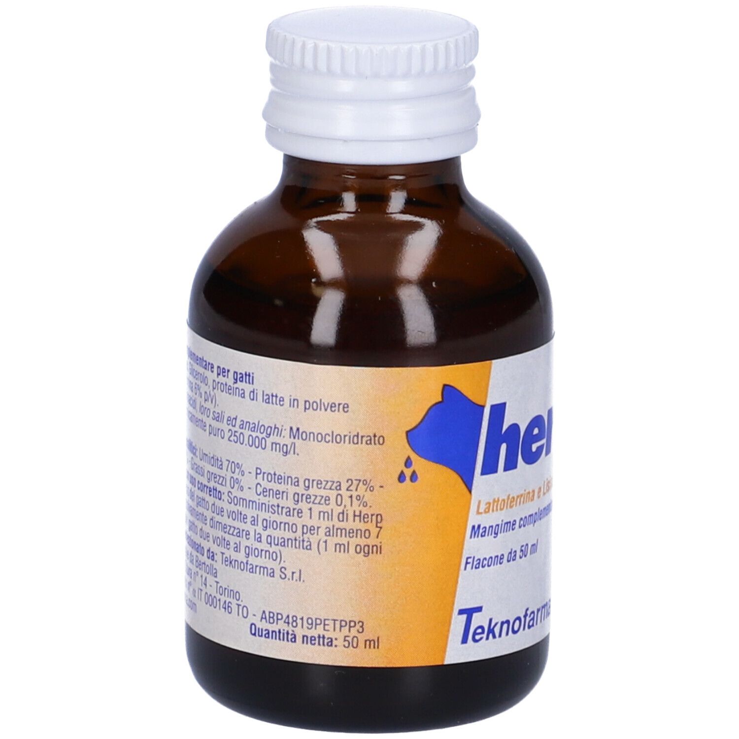 Flacone di vetro marrone con tappo bianco. Etichetta con logo Herp, testo e informazioni. 50 ml.