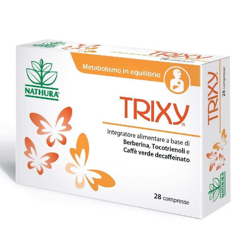 Scatola di compresse Trixy. Scritta: Nathura, 28 compresse, design farfalle.