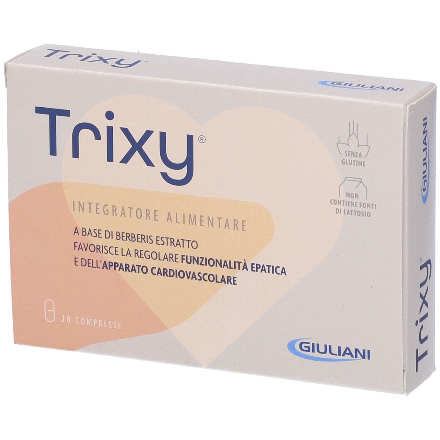 Scatola di compresse Trixy. Scritta: Giuliani, 28 compresse, senza glutine, senza lattosio.