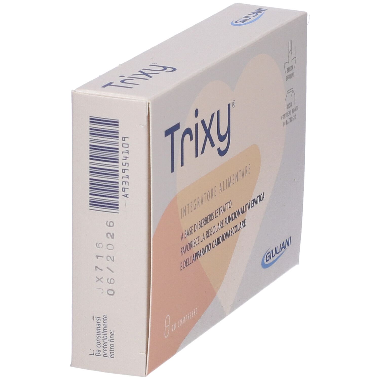 Scatola di compresse Trixy. Scritta: Giuliani, 28 compresse, senza glutine, senza lattosio.