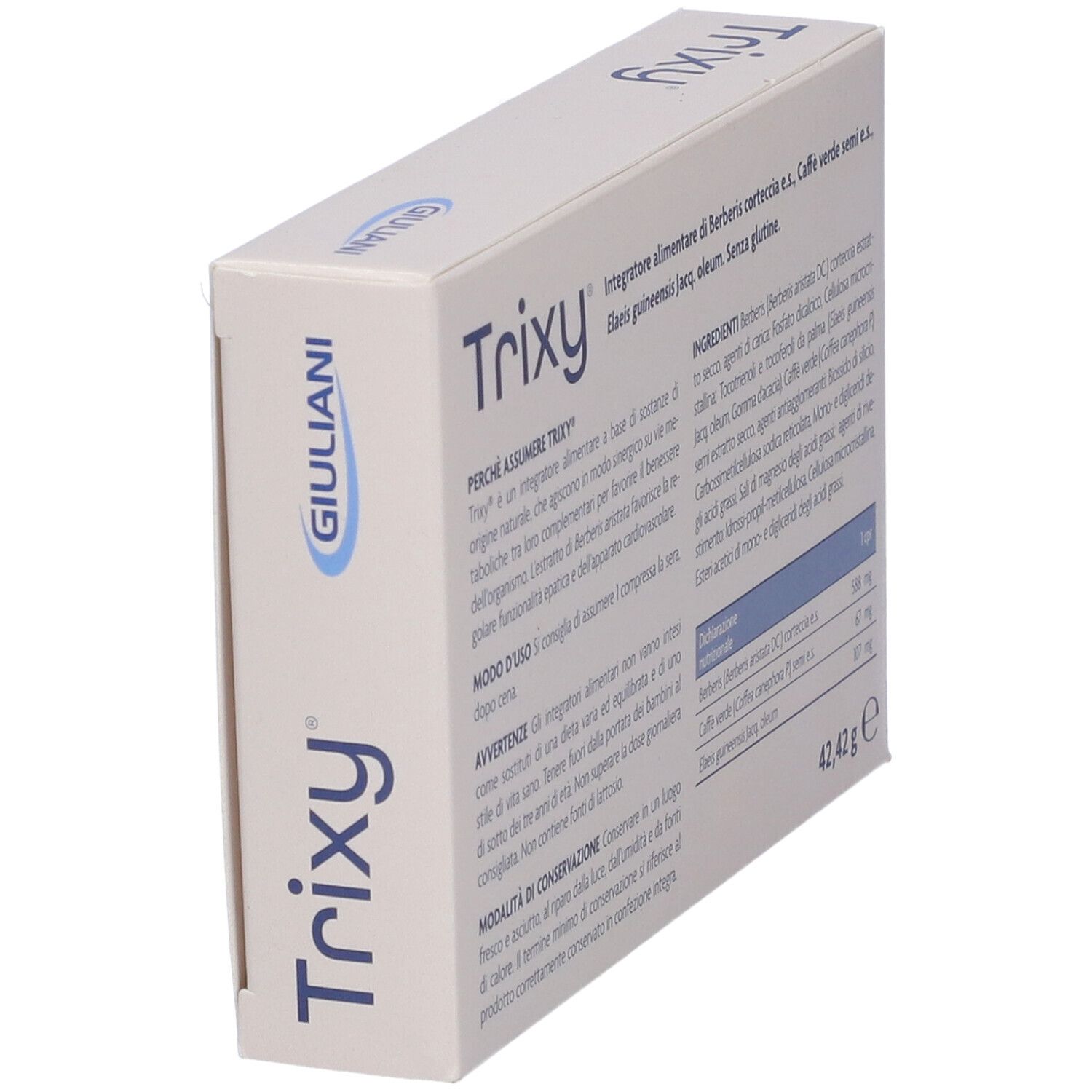 Scatola di compresse Trixy. Scritta: Giuliani, ingredienti, valori nutrizionali, 42,42g.