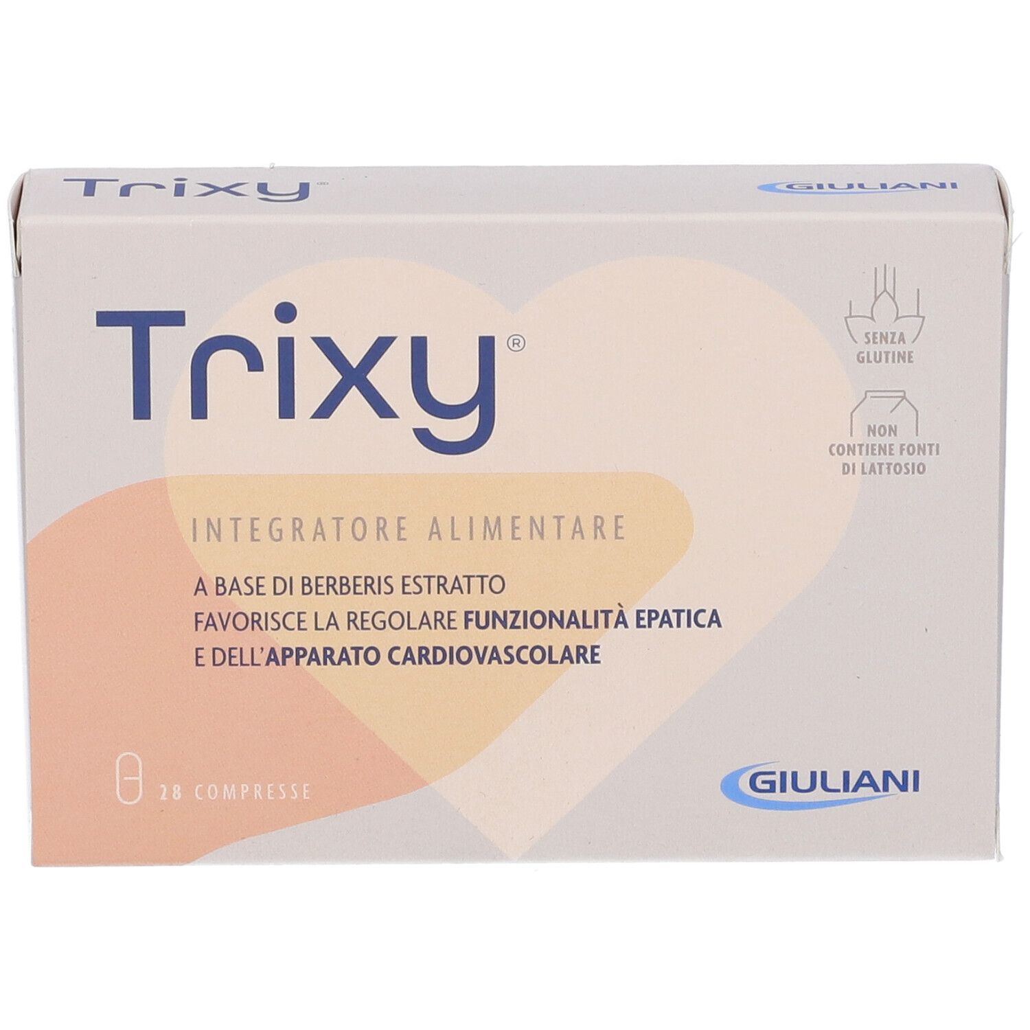 Scatola di compresse Trixy. Scritta: Giuliani, 28 compresse, senza glutine, senza lattosio.