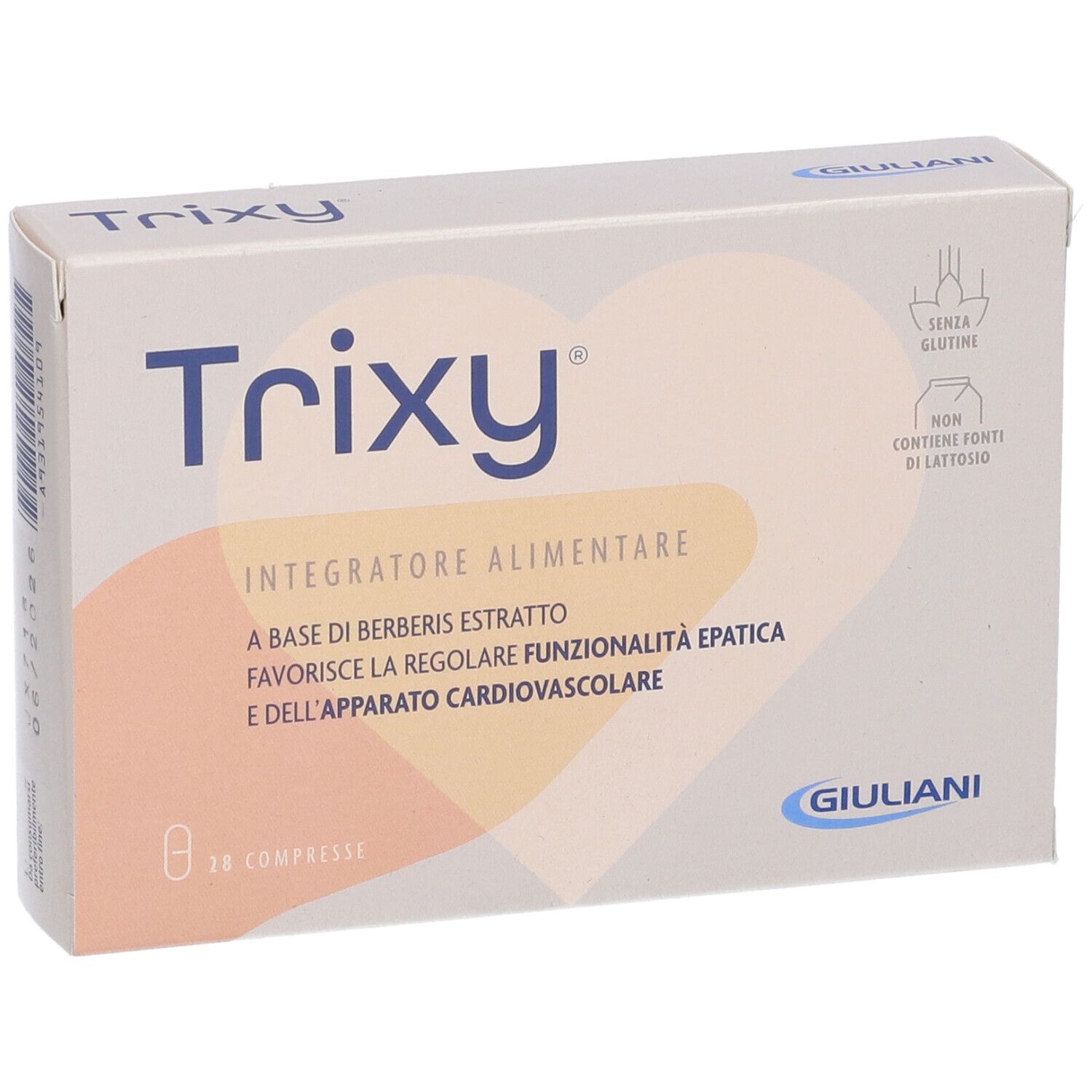 Scatola di compresse Trixy. Scritta: Giuliani, 28 compresse, senza glutine, senza lattosio.