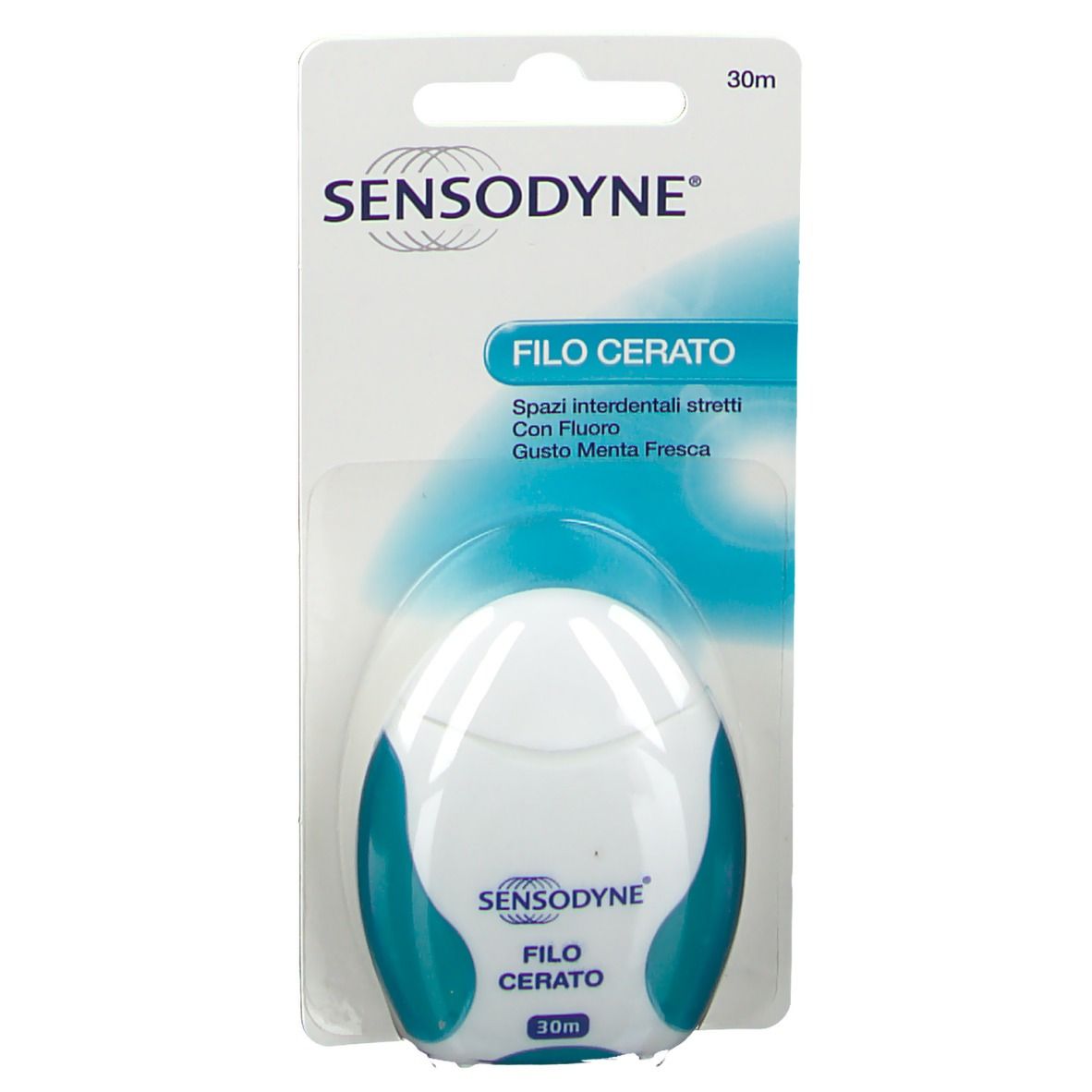 Zahnseide-Spender in weiß-türkis Verpackung. Aufschrift: SENSODYNE, FILO CERATO, 30m. Verpackung mit Blister.