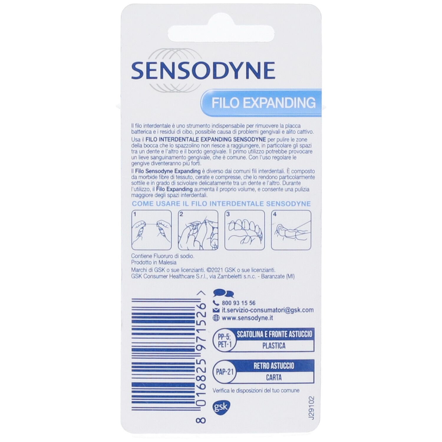 Sensodyne Zahnseide Filo Expanding, Verpackung mit Produktinformationen und Anwendungshinweisen.