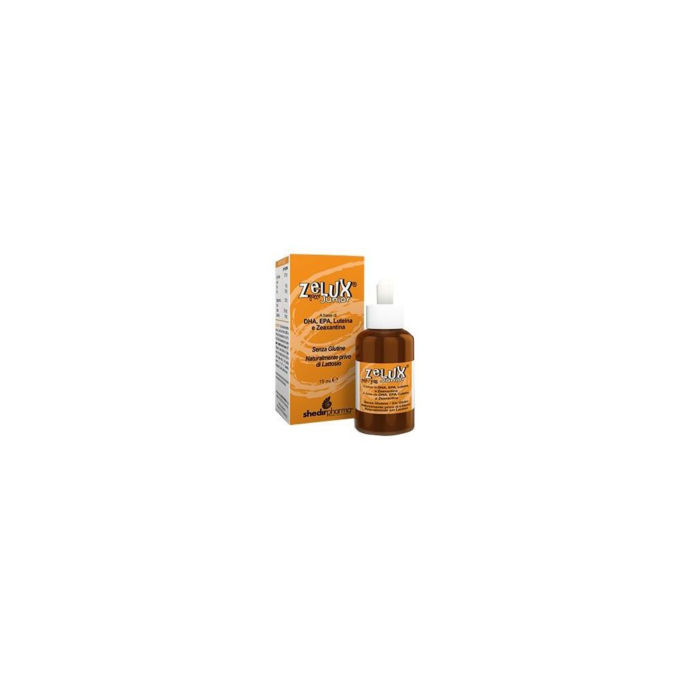 Flacone contagocce e scatola. Scritta Zelux Junior Gocce. Con dosatore.