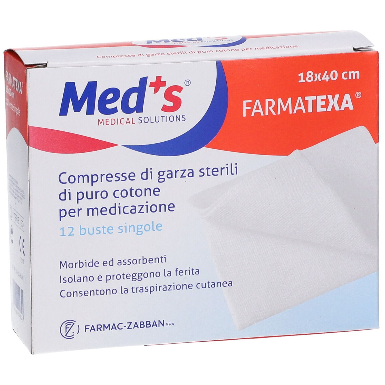 Verpackung mit 12 sterilen Gaze-Kompressen aus reiner Baumwolle für medizinische Zwecke.