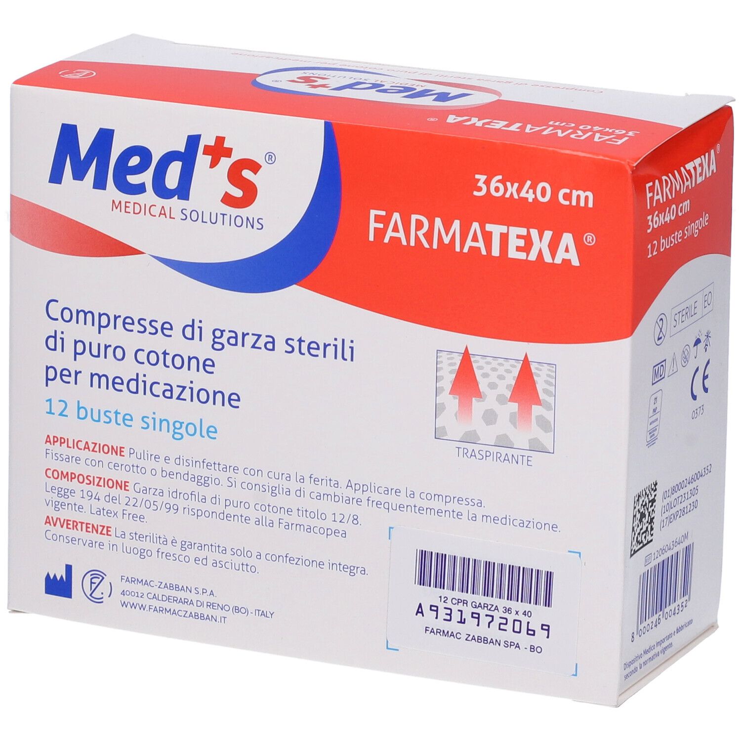 Verpackung mit 12 sterilen Baumwoll-Gaze-Kompressen, 36x40 cm, von Med's Farmatexa.