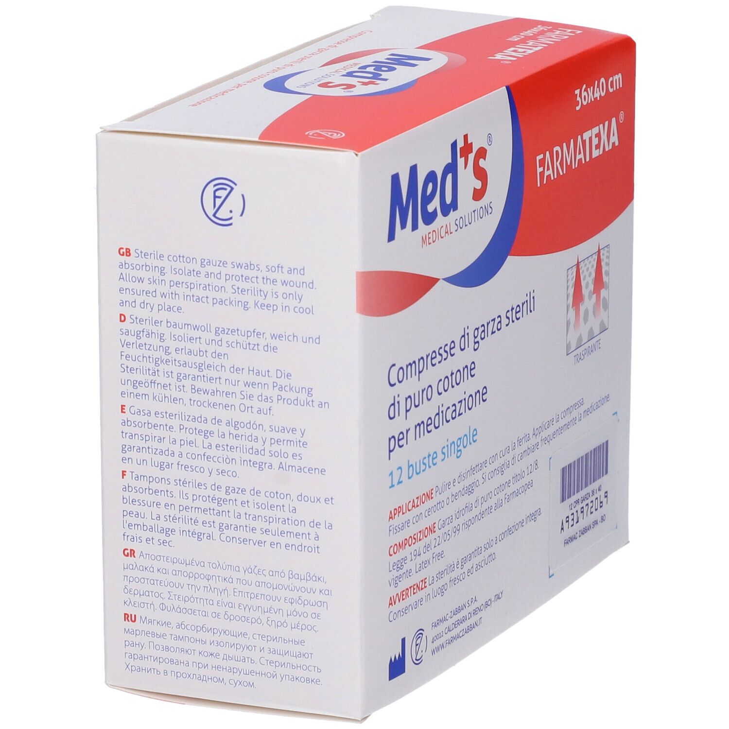 Verpackung mit 12 sterilen Baumwoll-Gaze-Kompressen, 36x40 cm, von Med's Farmatexa.