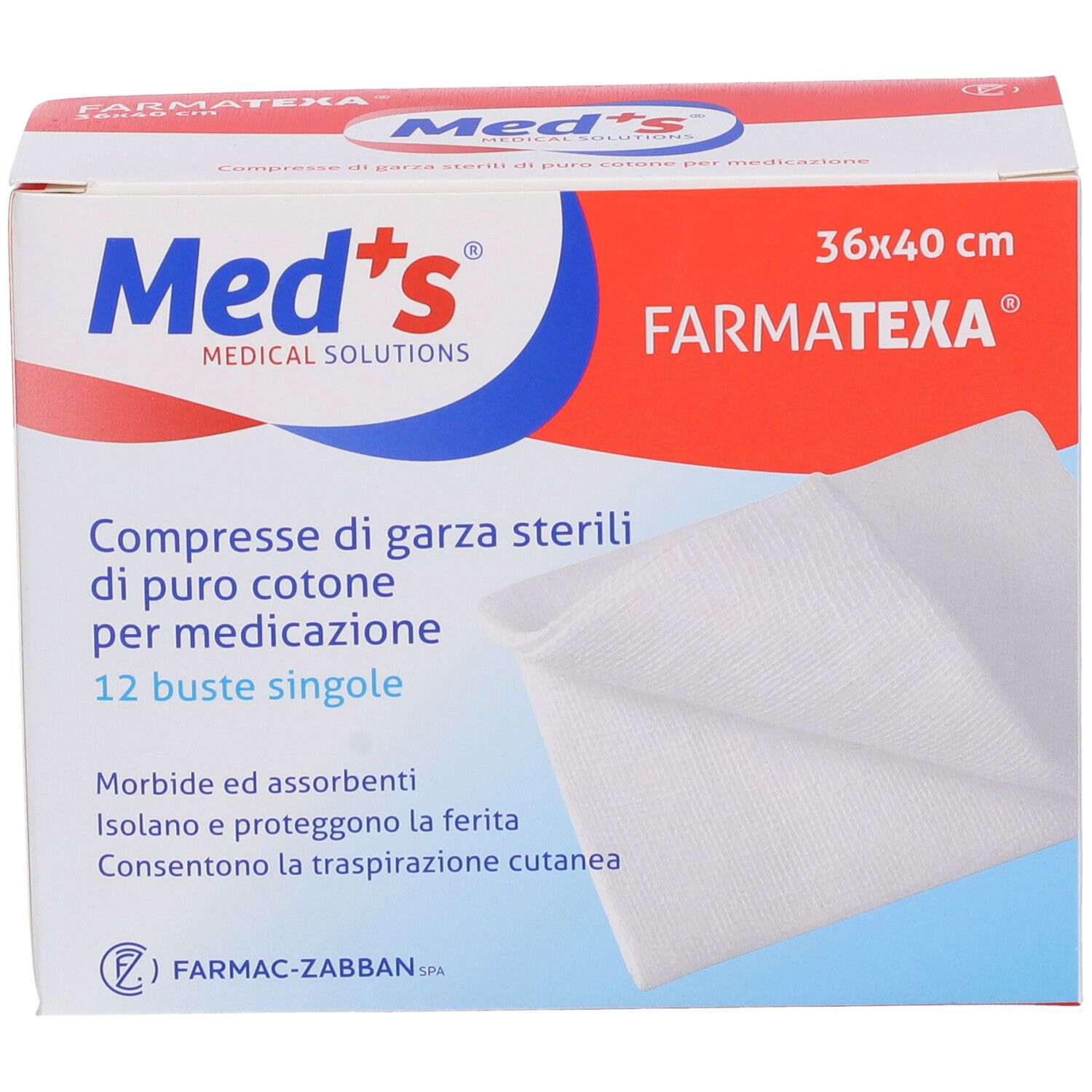 Verpackung mit 12 sterilen Baumwoll-Gaze-Kompressen, 36x40 cm, von Med's Farmatexa.