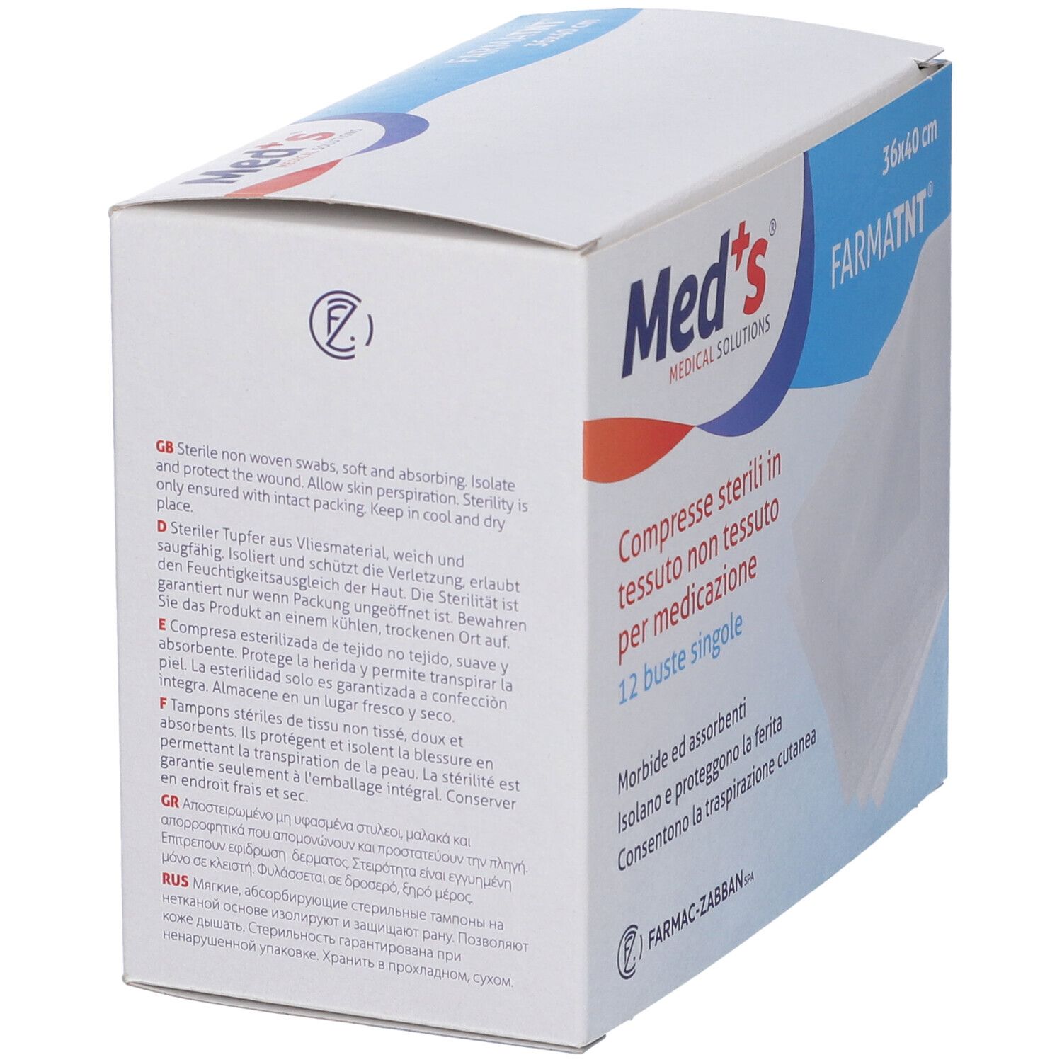 Med's Farmatnt sterile Kompressen aus Vliesstoff, 36x40 cm, 12 einzeln verpackte Beutel für medizinische Zwecke.