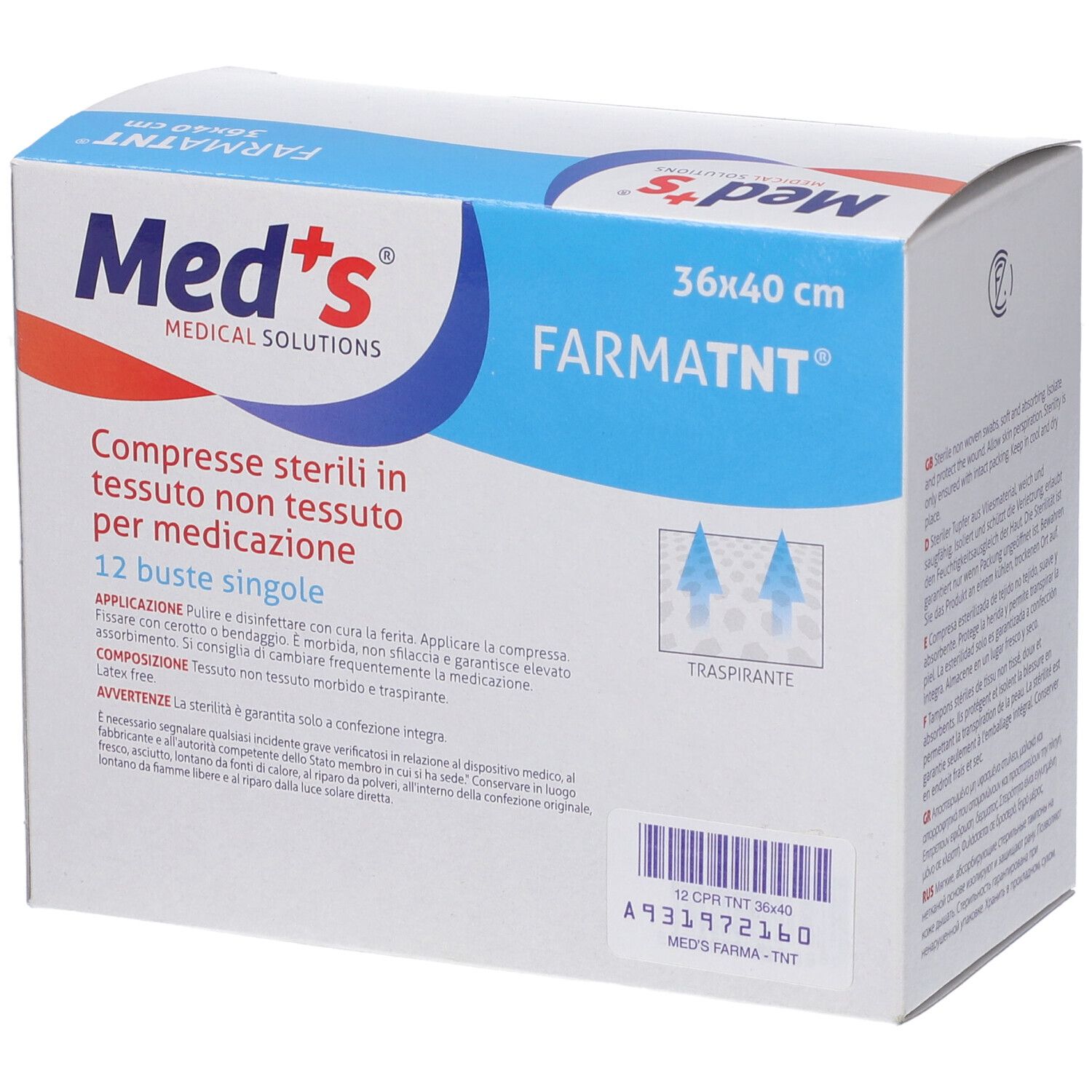 Med's Farmatnt sterile Kompressen aus Vliesstoff, 36x40 cm, 12 einzeln verpackte Beutel für medizinische Zwecke.