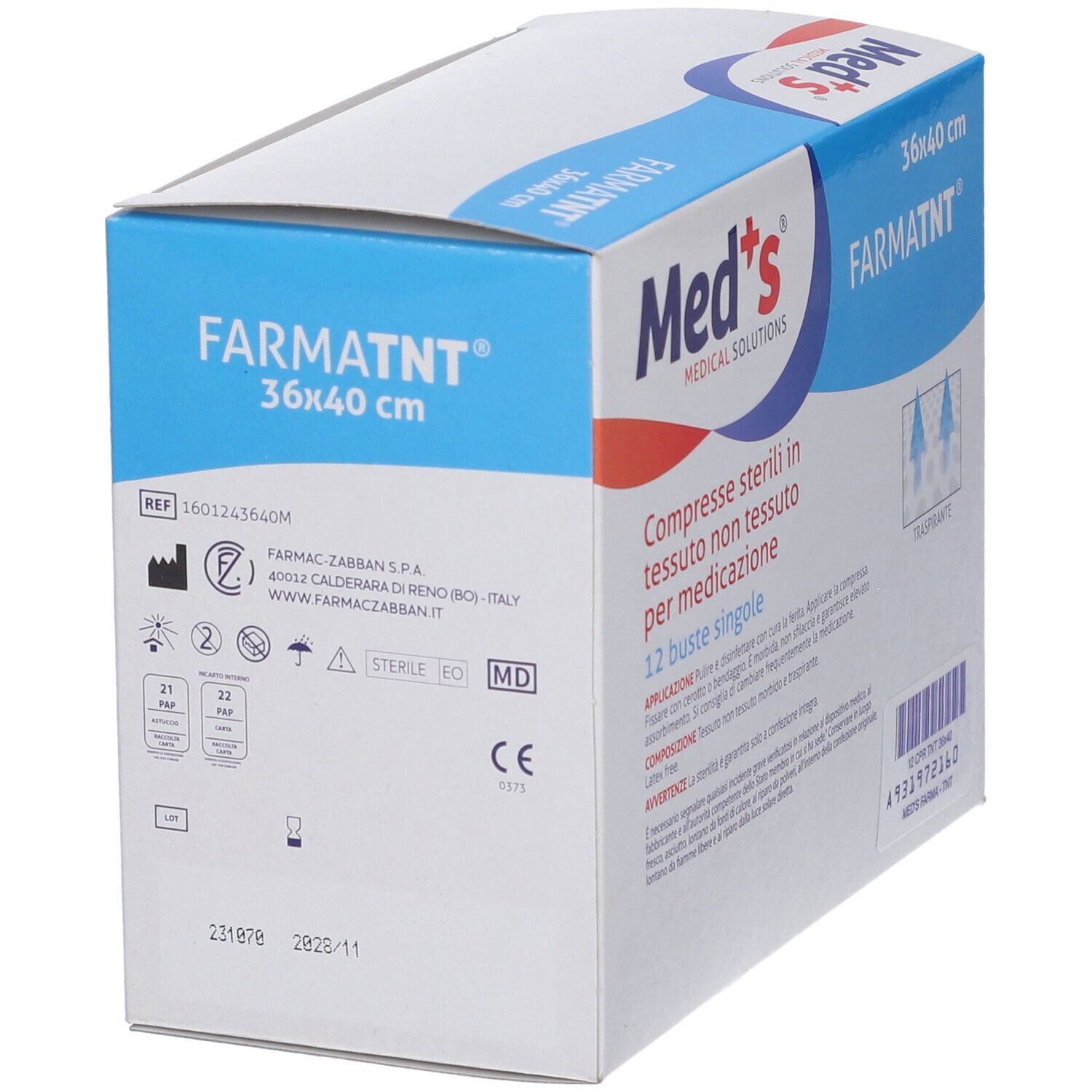 Med's Farmatnt sterile Kompressen aus Vliesstoff, 36x40 cm, 12 einzeln verpackte Beutel für medizinische Zwecke.