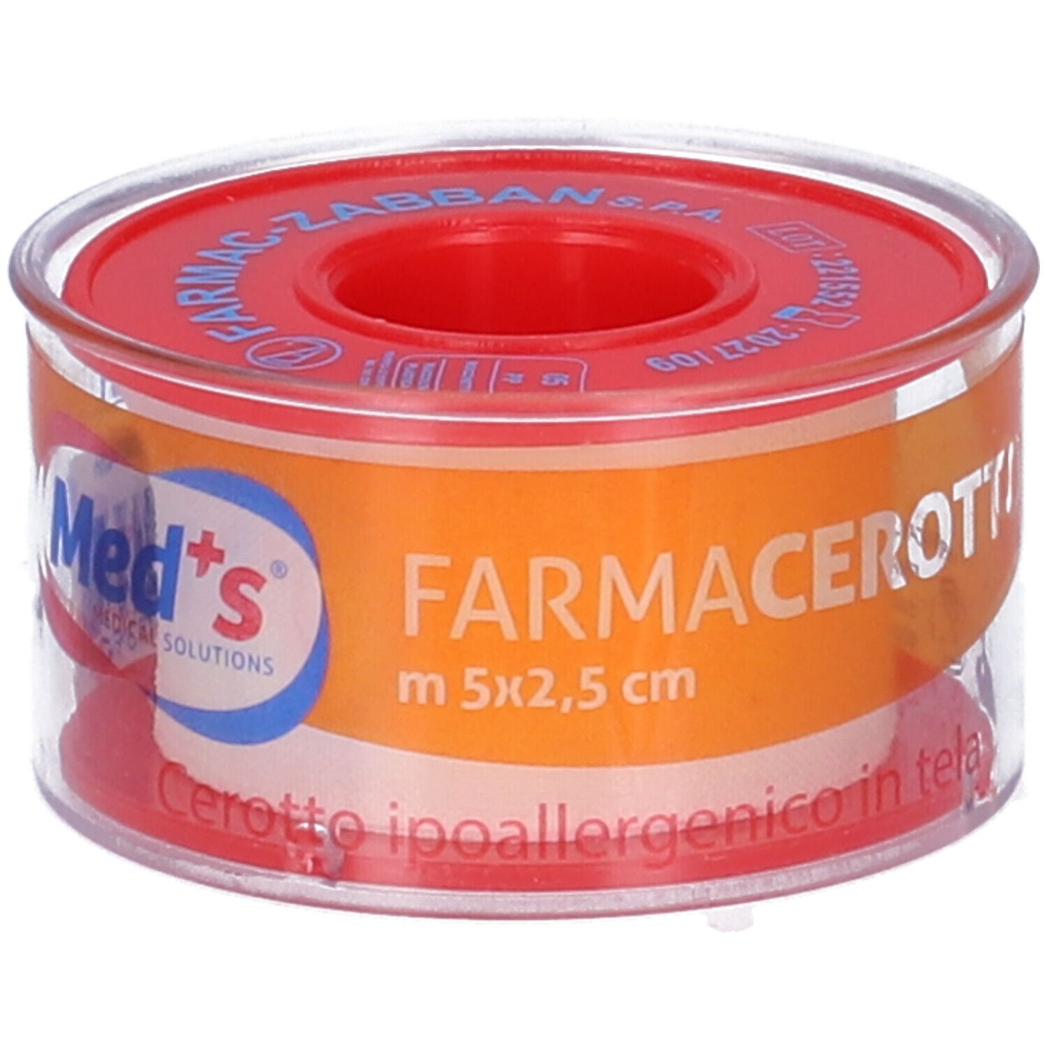 Rotolo di cerotto ipoallergenico. Stampa arancione con informazioni sul prodotto. Produttore: Med's.