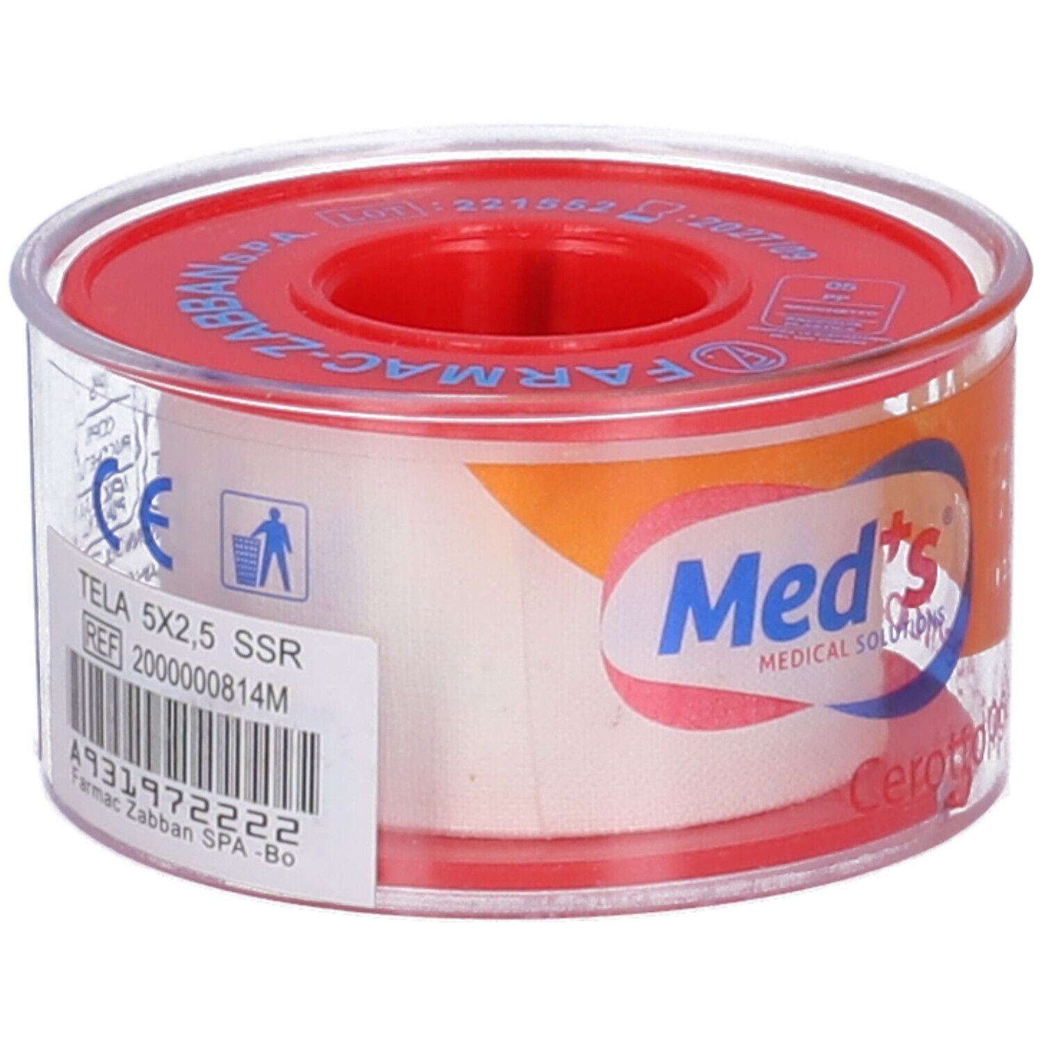Rotolo di cerotto ipoallergenico. Stampa arancione con informazioni sul prodotto. Produttore: Med's.