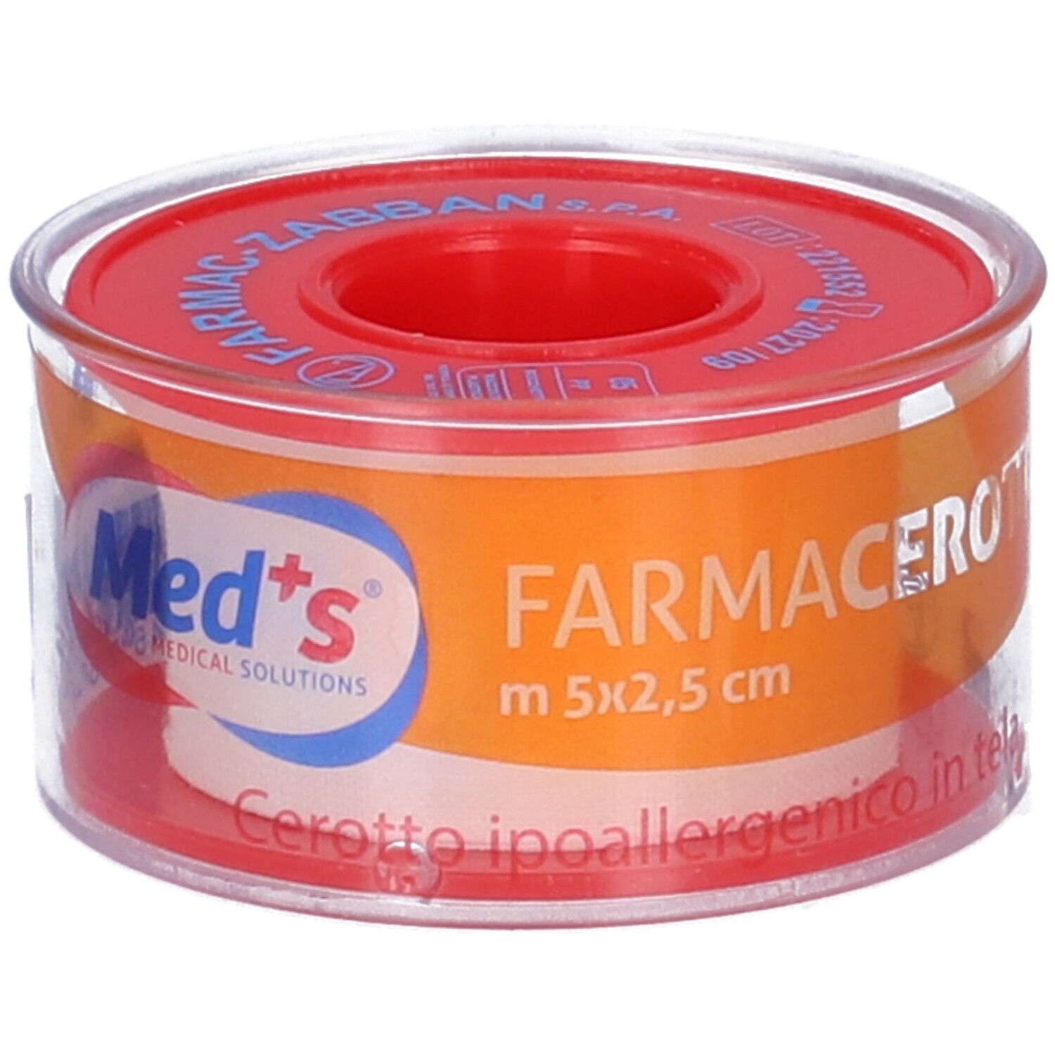 Rotolo di cerotto ipoallergenico. Stampa arancione con informazioni sul prodotto. Produttore: Med's.