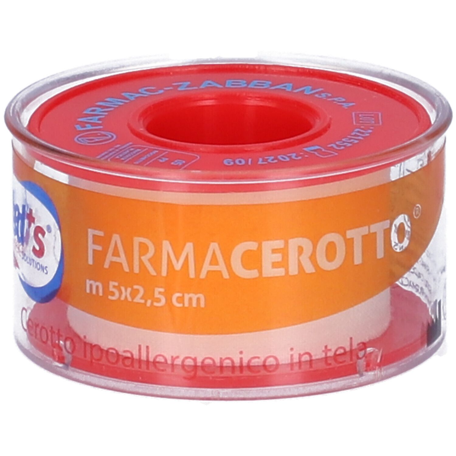 Rotolo di cerotto ipoallergenico. Stampa arancione con informazioni sul prodotto. Produttore: Med's.