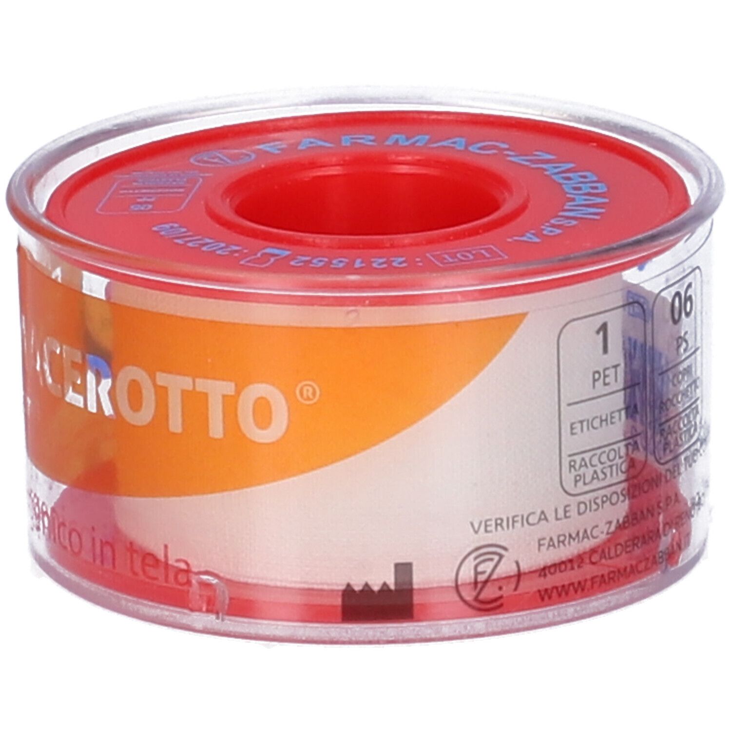 Rotolo di cerotto ipoallergenico. Stampa arancione con informazioni sul prodotto. Produttore: Med's.