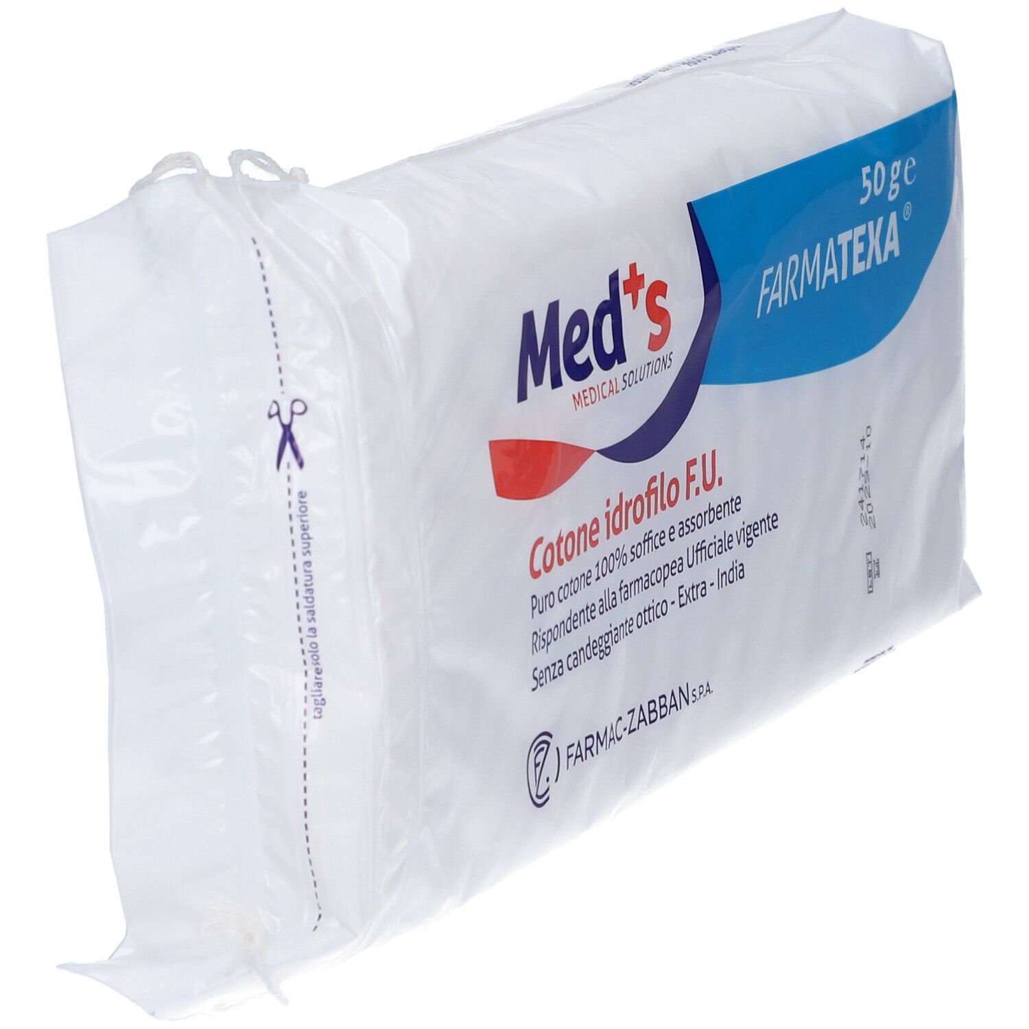 Verpackung mit Watte. Aufschrift: Med's, Farmatexa, 50 g. Text: Cotone idrofilo F.U. Schere-Symbol.