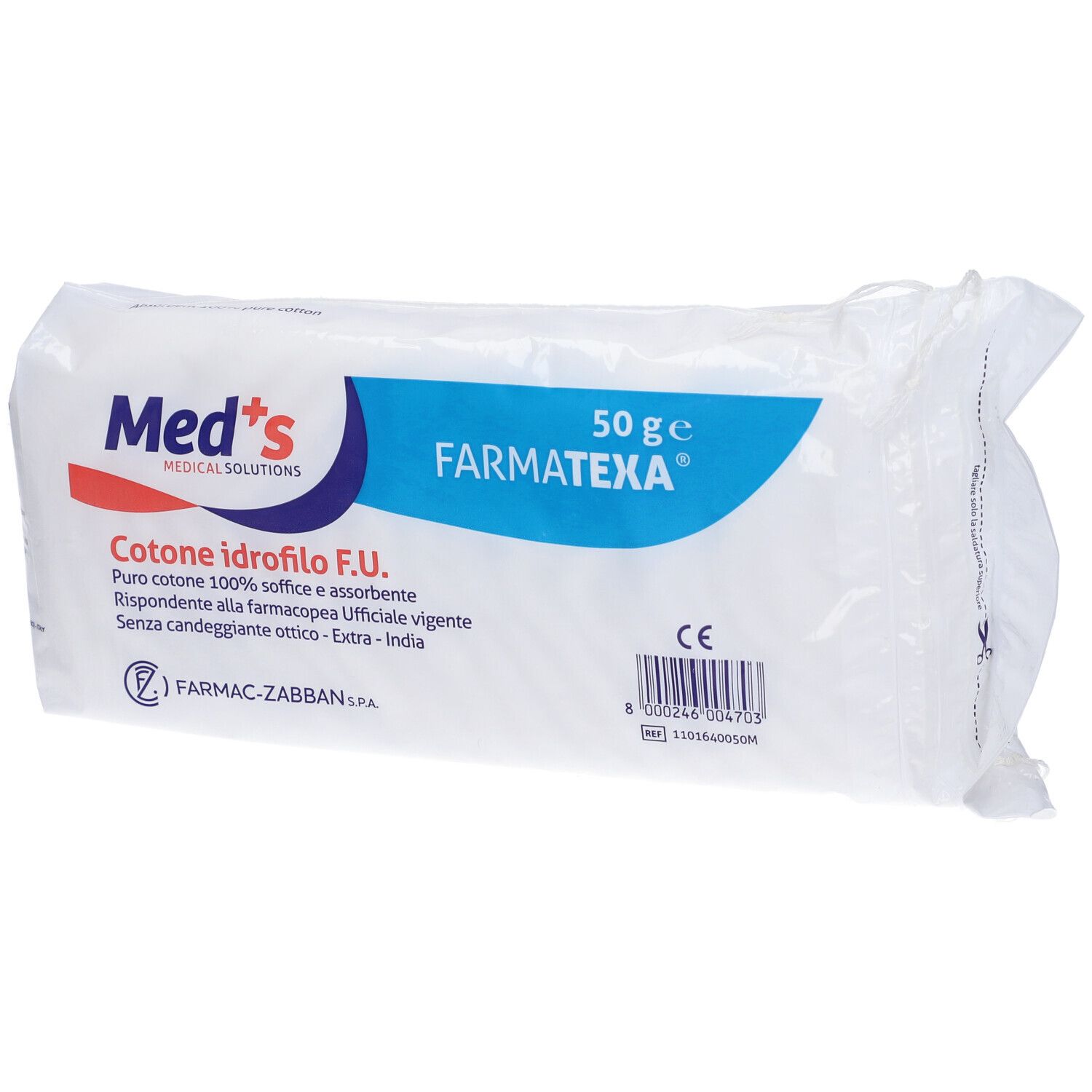 Verpackung mit Watte. Aufschrift: Med's, Farmatexa, 50 g. Text: Cotone idrofilo F.U. Barcode.
