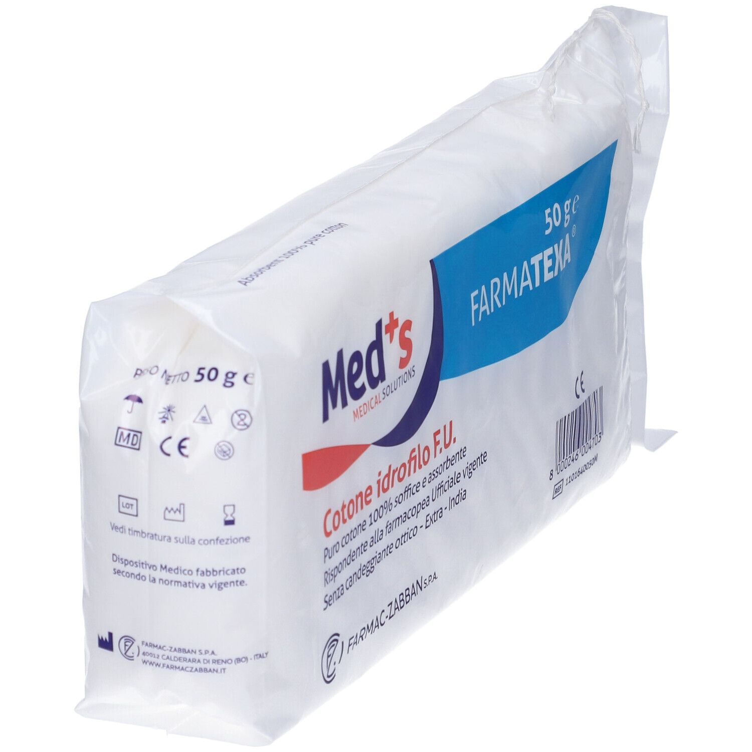 Verpackung mit Watte. Aufschrift: Med's, Farmatexa, 50 g. Text: Cotone idrofilo F.U. Medizinprodukt-Symbol.