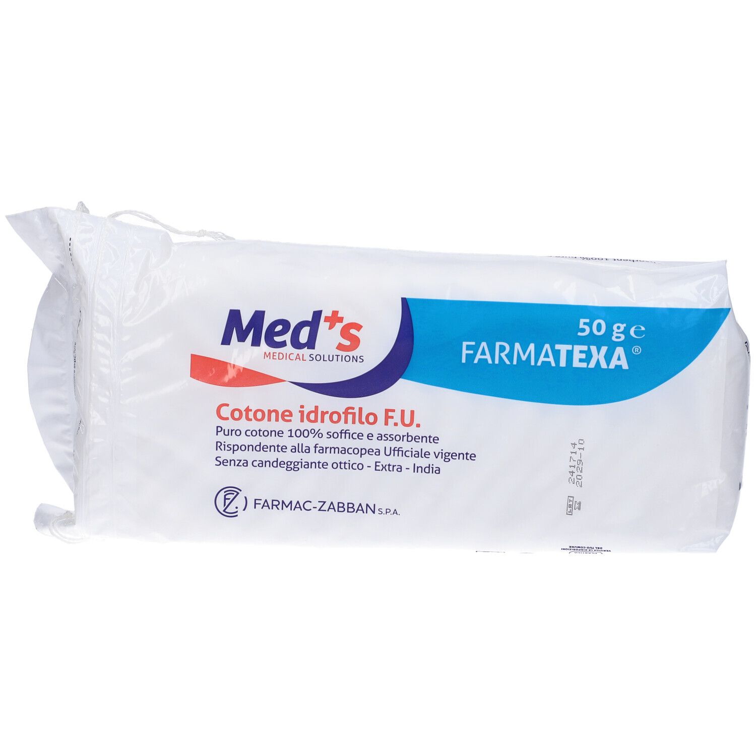 Verpackung mit Watte. Aufschrift: Med's, Farmatexa, 50 g. Text: Cotone idrofilo F.U. Datumsangabe.