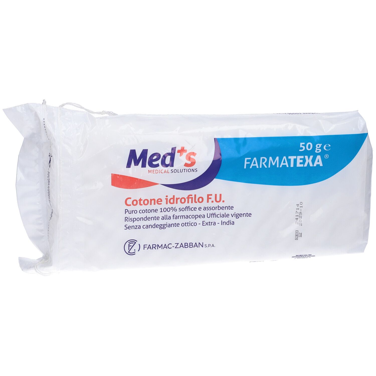Verpackung mit Watte. Aufschrift: Med's, Farmatexa, 50 g. Text: Cotone idrofilo F.U.