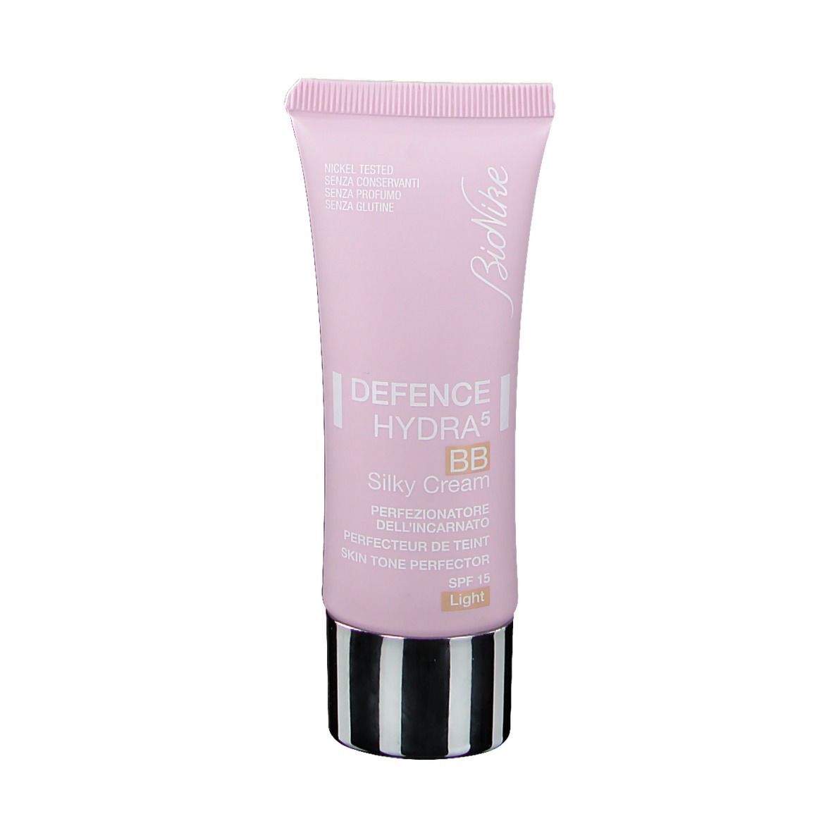 Tube rose avec rayures noires et blanches à la base. Inscription : Defence Hydra 5 BB Silky Cream Light. Marque : BioNike.