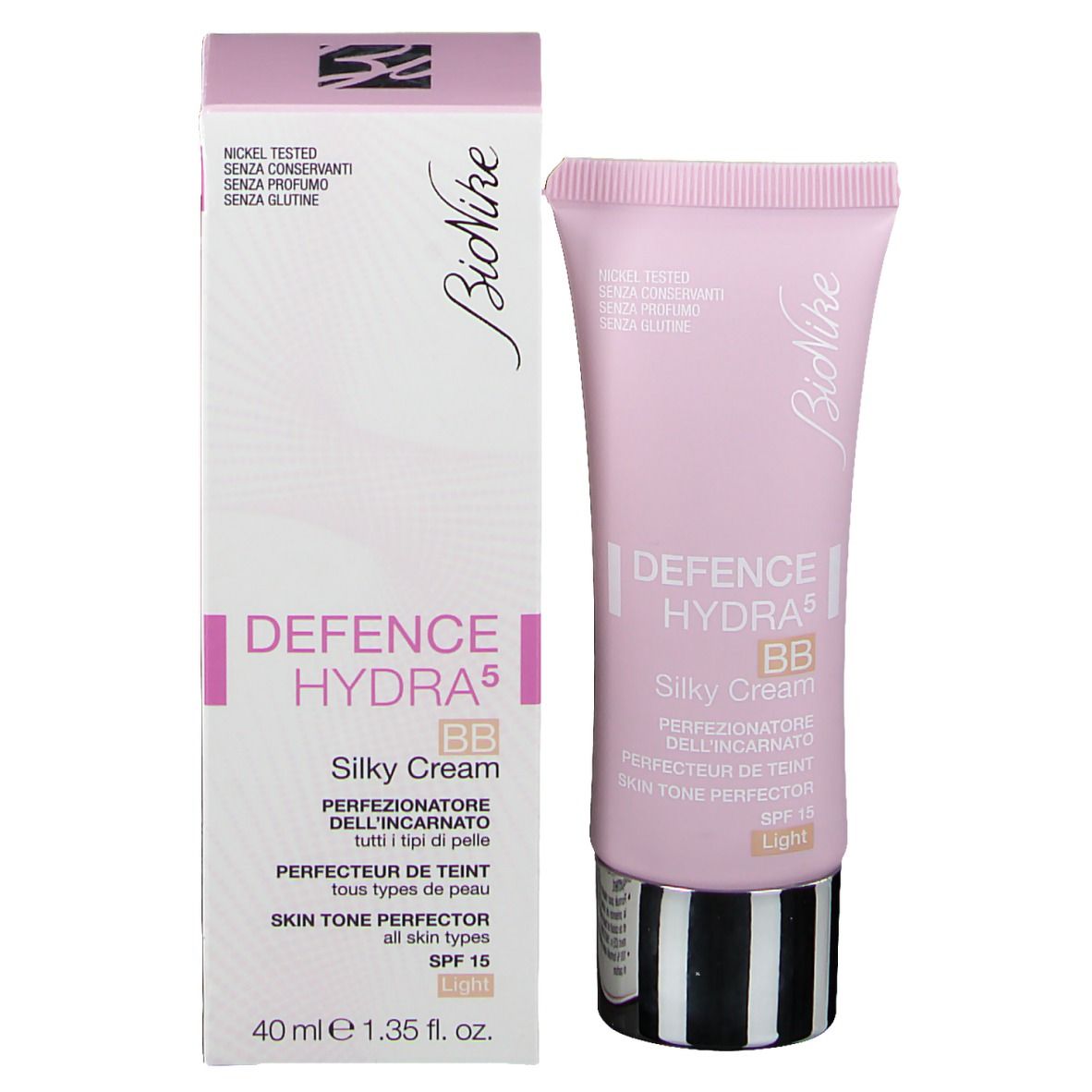 Emballage du produit avec tube et boîte. Tube : rose, Defence Hydra 5 BB Silky Cream Light. Boîte : blanche, accents roses, marque BioNike.