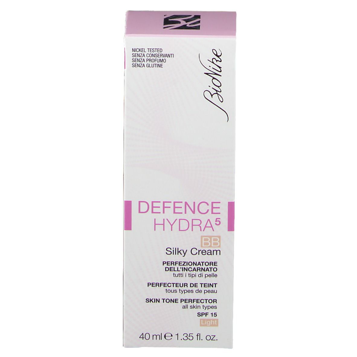 Emballage produit blanc avec accents roses. Inscription : Defence Hydra 5 BB Silky Cream. Marque : BioNike. Contient des informations sur le produit.