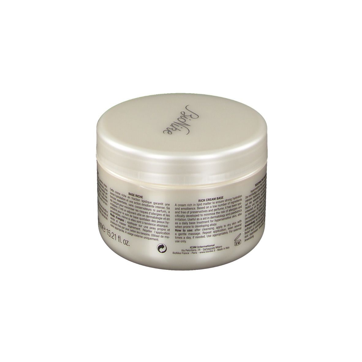 Pot de crème blanc avec couvercle. Inscription : Base Riche, Rich Cream Base. Marque : BioNike. Volume : 15.21 fl oz.