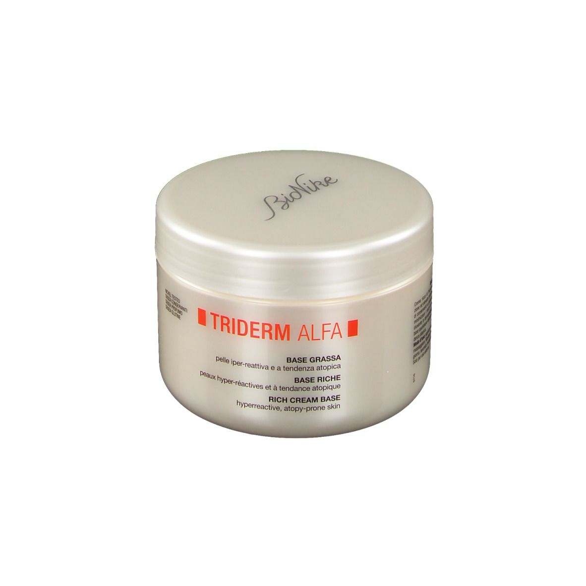 Pot de crème blanc avec couvercle. Inscription : Triderm Alfa, Base Grassa, Base Riche, Rich Cream Base. Marque : BioNike.