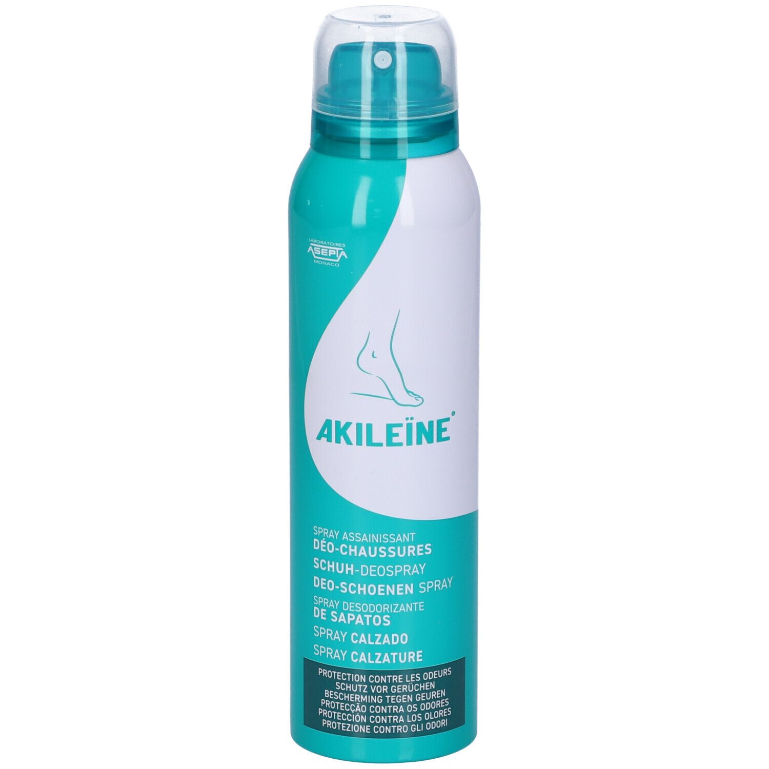 Spray aerosol bianco-turchese. Scritta: AKILEÏNE, spray deodorante per scarpe. Illustrazione del piede.