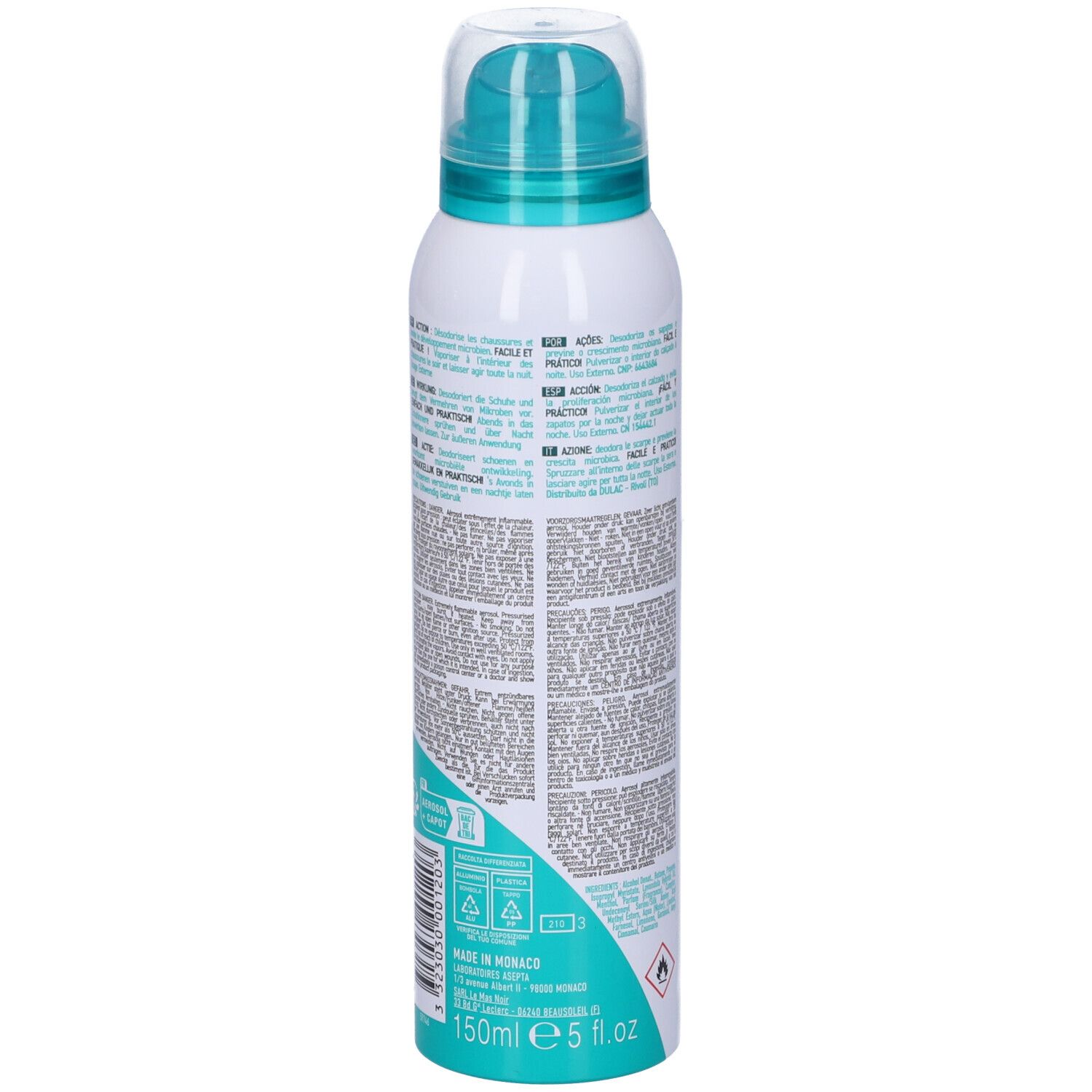 Spray aerosol, retro. Testo multilingue. Volume: 150ml. Prodotto a Monaco.