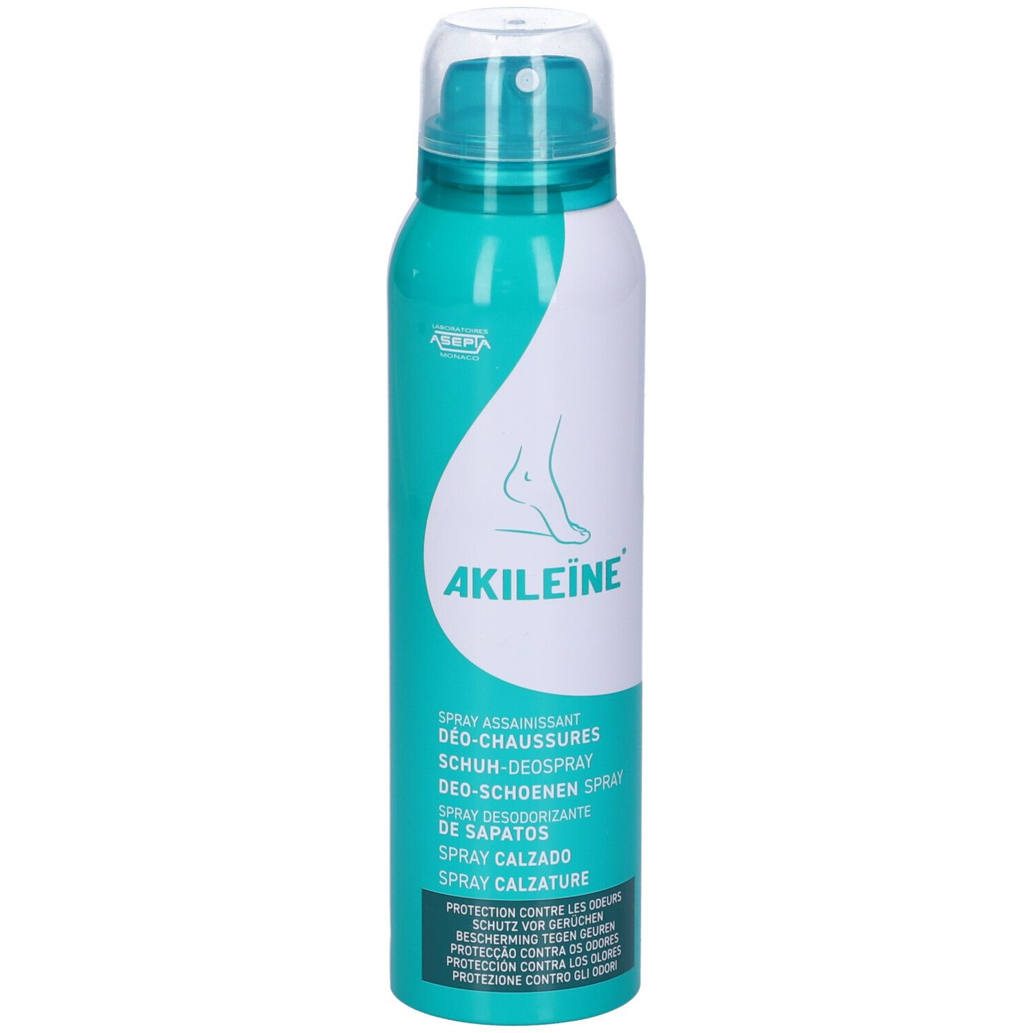 Spray aerosol bianco-turchese. Scritta: AKILEÏNE, spray deodorante per scarpe. Illustrazione del piede.