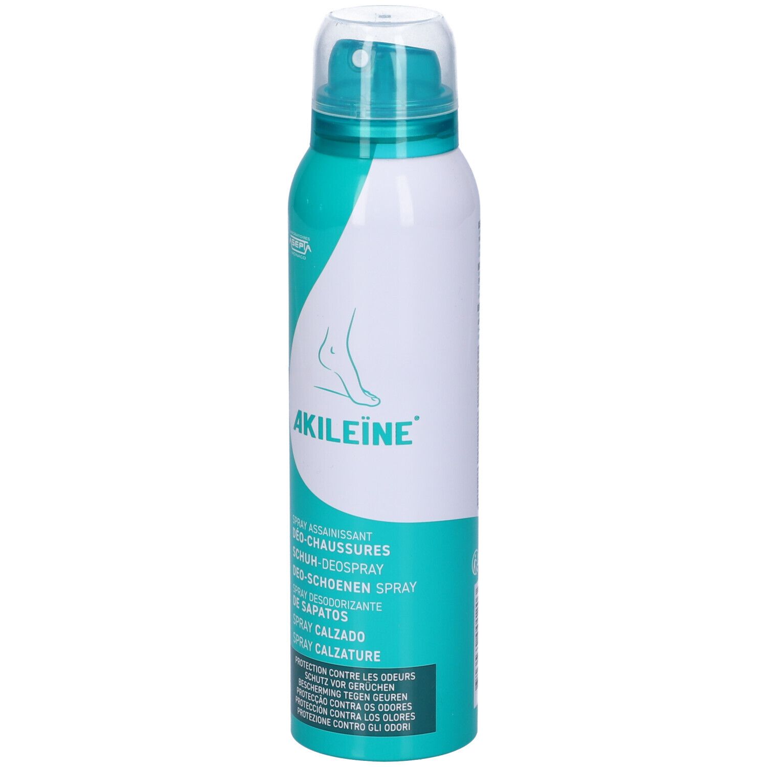 Spray aerosol bianco-turchese. Scritta: AKILEÏNE, spray deodorante per scarpe. Illustrazione del piede.