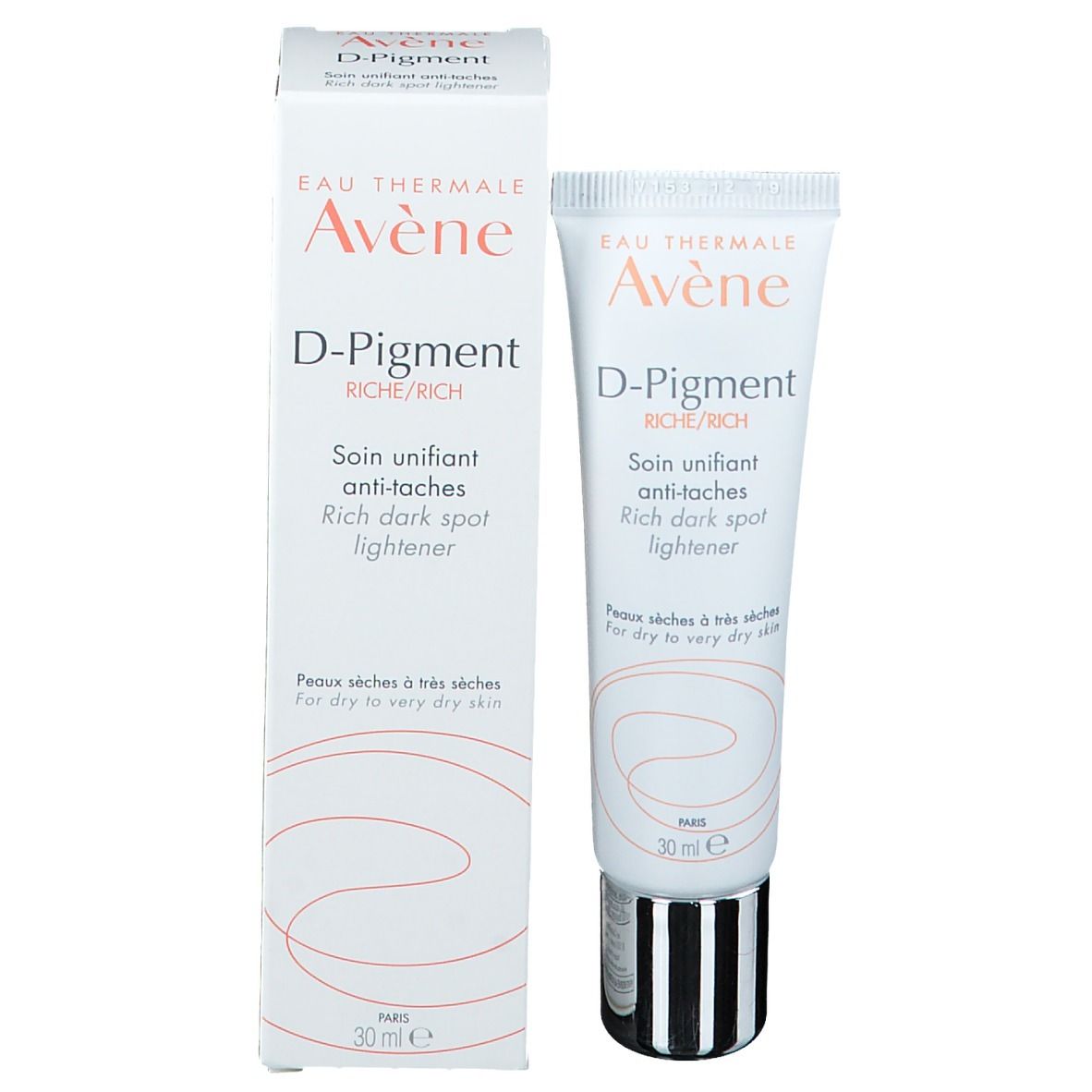 Emballage et tube du produit. Emballage blanc avec inscription: Eau Thermale Avène, D-Pigment Riche. Tube avec bouchon argenté.
