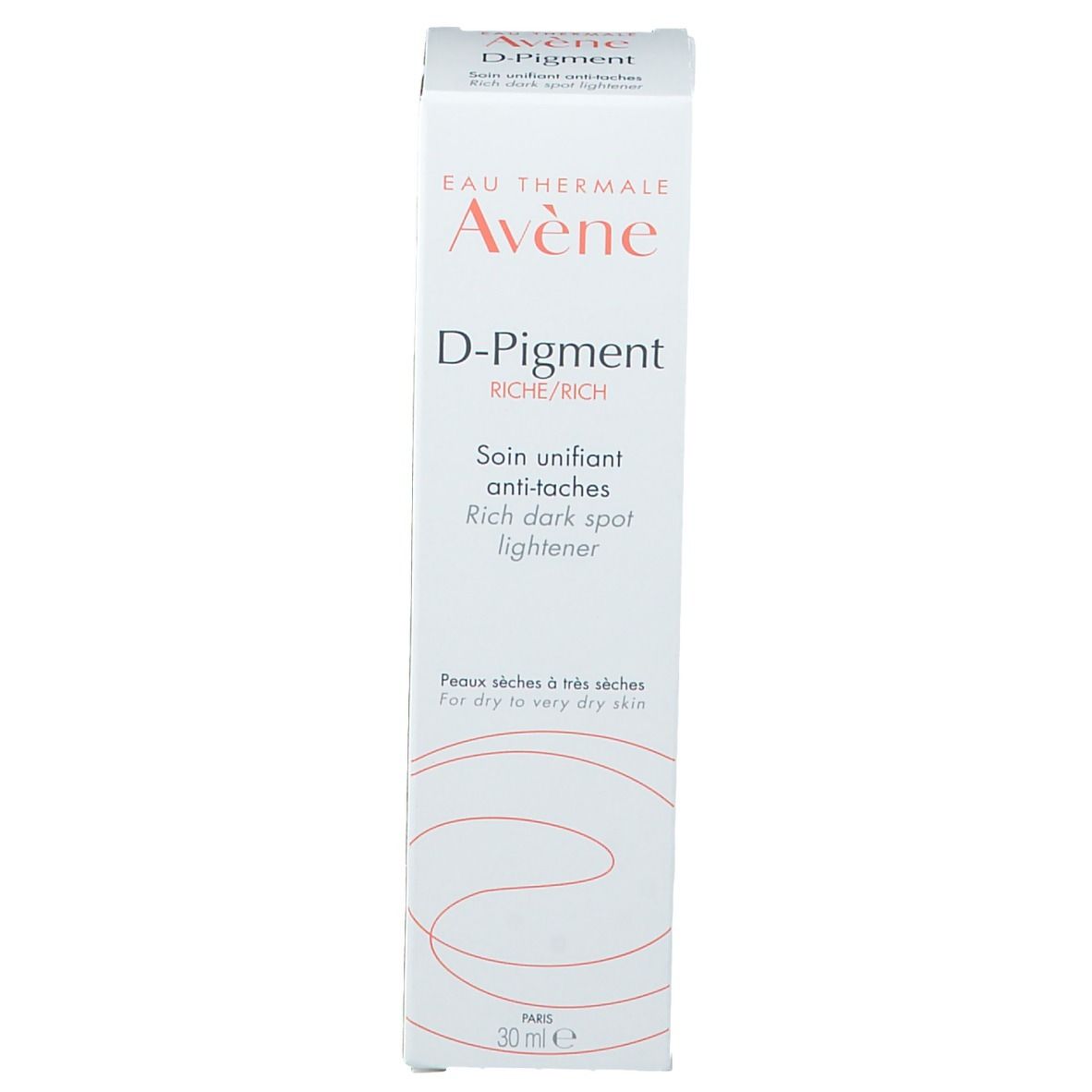 Emballage blanc du produit. Inscription: Eau Thermale Avène, D-Pigment Riche. Pour peaux sèches à très sèches. 30 ml.