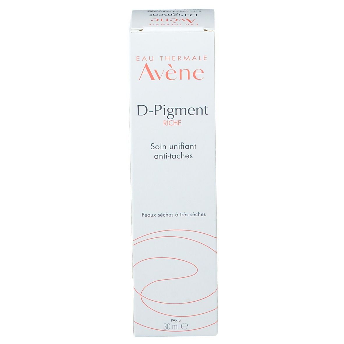 Emballage blanc du produit. Inscription: Eau Thermale Avène, D-Pigment Riche. Pour peaux sèches à très sèches. 30 ml.