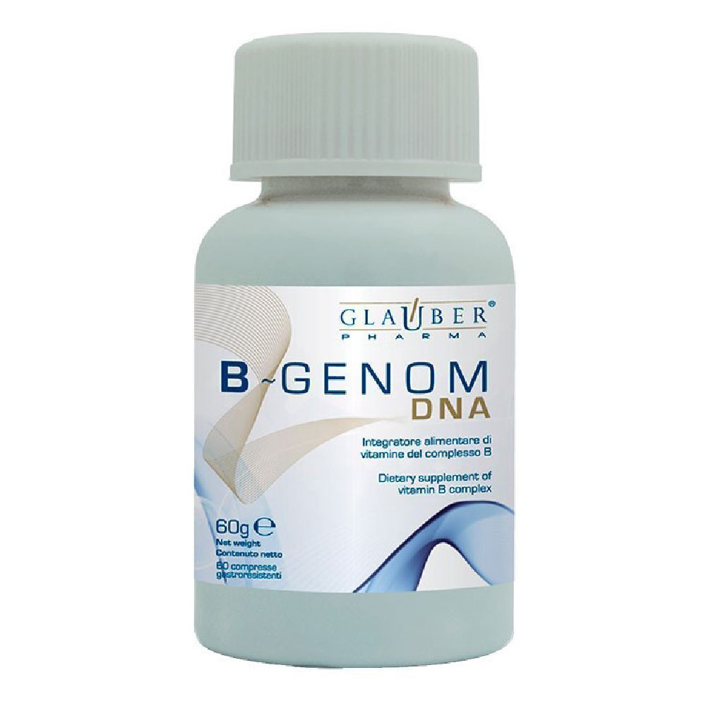 Flacone verde chiaro con tappo bianco. Scritta: B-Genom DNA, 60 compresse. Marchio: Glauber Pharma.
