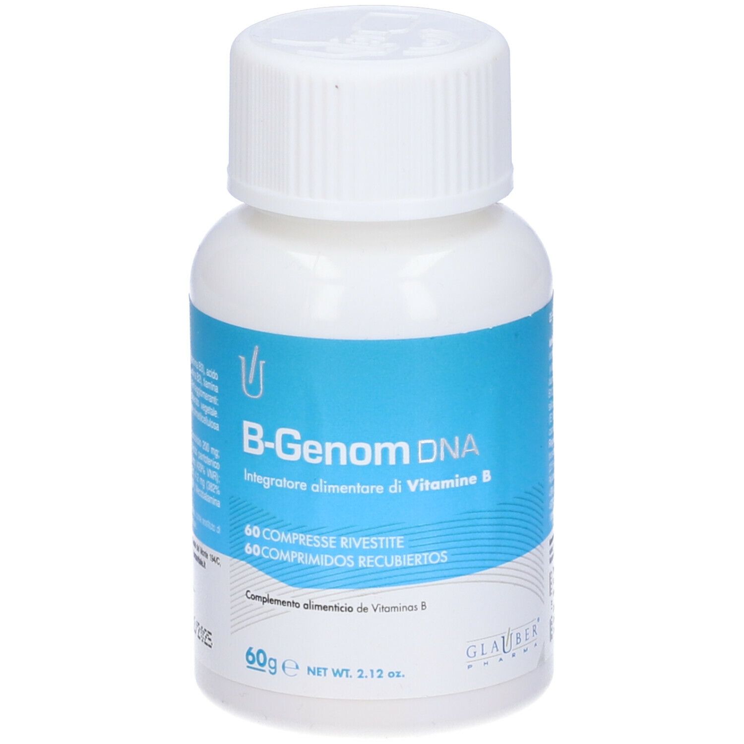 Flacone bianco con etichetta blu e tappo bianco. Scritta: B-Genom DNA, 60 compresse.