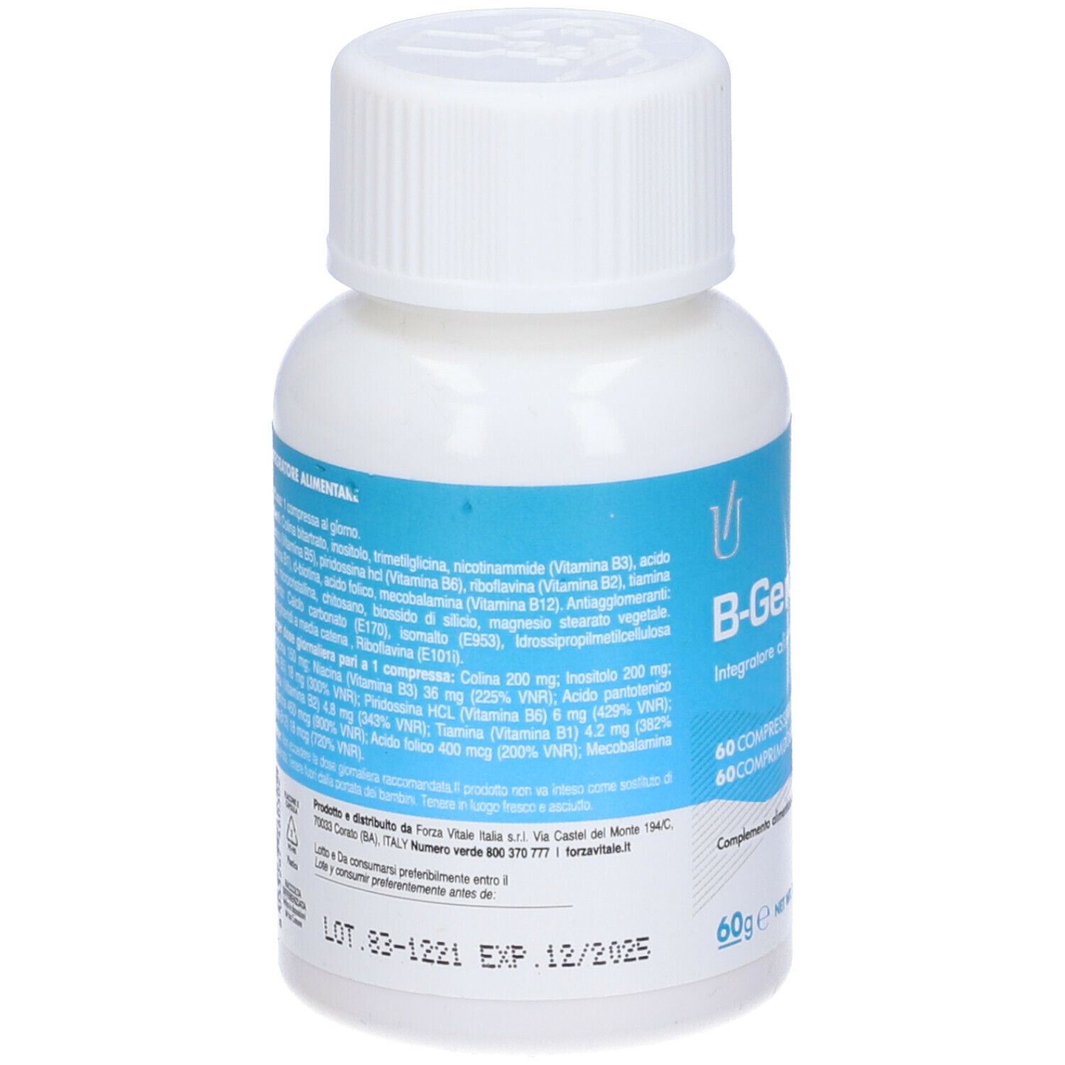 Flacone bianco con etichetta blu e tappo bianco. Scritta: B-Genom DNA, 60 compresse. Elenco ingredienti.
